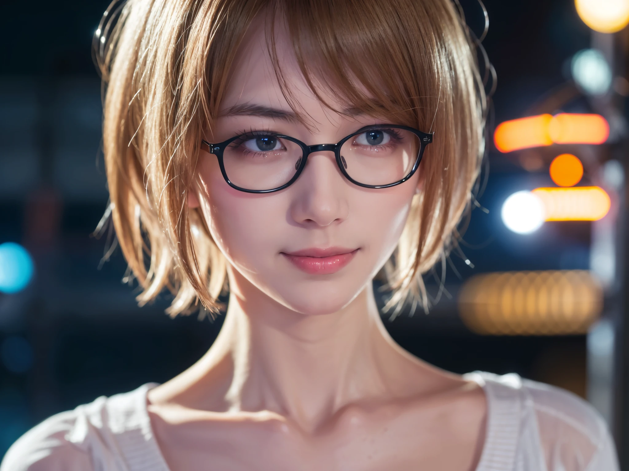 Japanese girl in casual clothes、Observe the audience、Tokyo night skyline、(Highest quality、masterpiece)))、HD Fine、Very detailed、masterpiece、Cinema Lighting、(8k、Highest quality、masterpiece:1.2)、(Realistic、Realistic:1.37) High resolution、Very detailed、Woman wearing glasses、A look of silence、Round Glasses、Asian, cute, cute顔, alone,Blonde Short Hair 1.2, Textured skin, Beautiful smile, Beautifully detailed night sky, Night view, Cinema Lighting, Written boundary depth, Lens flare light、date、(Blushing your nose)、、(Mouth closed)Small breasts、A beautiful eye for detail、(sweater:1.1)、(Blonde Short Hair:1.2)、Floating Hair Nova Frog Style、