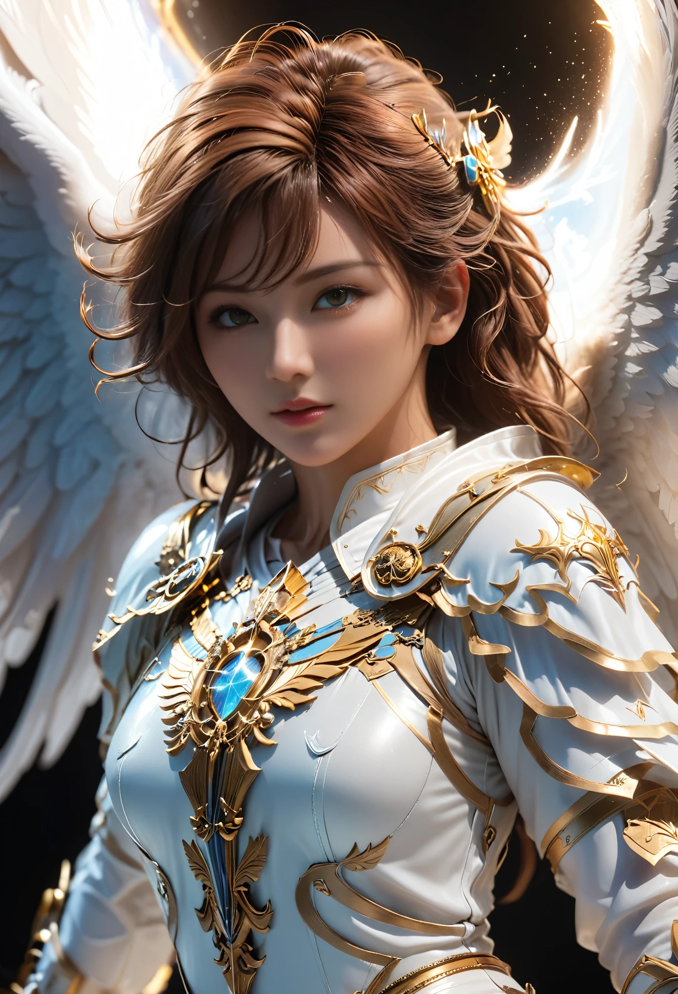 Archangel Michael、Four Archangels Last Out Peace,Highest quality,Ultra-detailed,High resolution,High resolution,4K,Portrait in 4K,8k,8kポートレート,unity 8k wallpaper,Highly detailed CG,Realistic,RAW Photos,Real person,Portrait of,Realistic,Glowing Skin,Detailed skin,((Top Quality)), ((Masterpiece)), (Details: 1.4), 3d, Thick voluminous hair, light particles, pure energy chaos antitech, HDR (High Dynamic Range), ray tracing, nvidia RTX, super resolution, Unreal 5, subsurface scattering, PBR Texturing, post-processing, anisotropic filtering, depth of field, maximum clarity and sharpness, multi-layer textures, Albedo and specular maps, surface shading, accurate simulation of light and material interaction, perfect proportions, Octane rendering, two-tone lighting, wide aperture, low ISO, white balance, trichotomy, 8k RAW,超Realisticな女性の肖像画,magic lights,32K resolution,Action pose, Realistic photos,Dynamic Lighting,Art Station,Volumetric lighting, Highly detailed face,Award,Shadow, Modesty,Beautiful long legs, showing thighs, Mastepiece, Cinematic Shadows, Synmatic Lighting, Realistic写真, Extremely detailed, Realistic写真, Raw photo,
