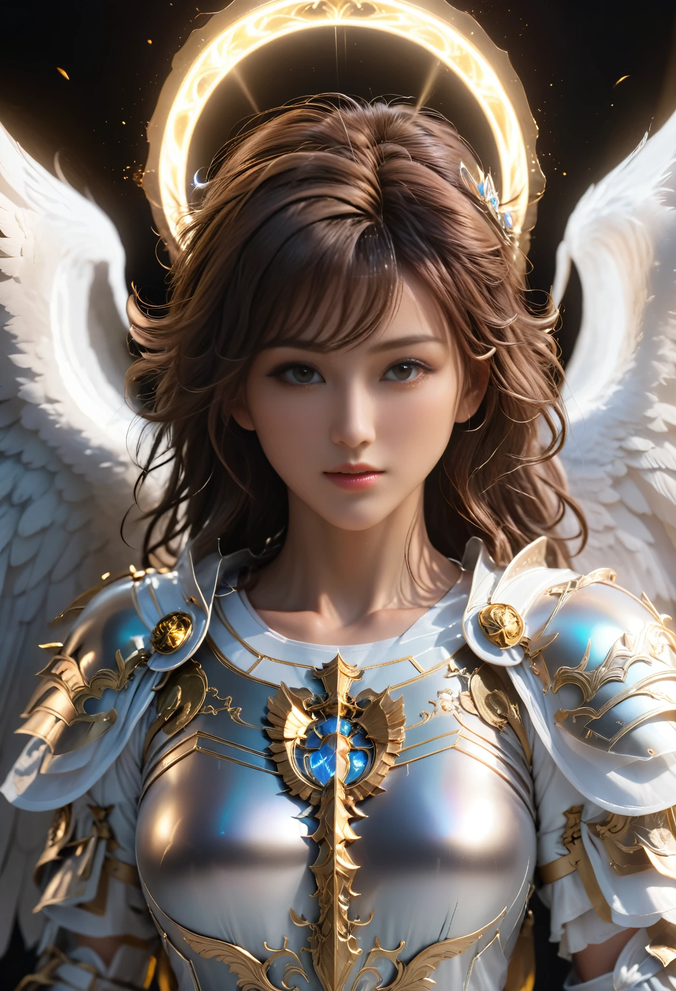 Archangel Michael、Four Archangels Last Out Peace,Highest quality,Ultra-detailed,High resolution,High resolution,4K,Portrait in 4K,8k,8kポートレート,unity 8k wallpaper,Highly detailed CG,Realistic,RAW Photos,Real person,Portrait of,Realistic,Glowing Skin,Detailed skin,((Top Quality)), ((Masterpiece)), (Details: 1.4), 3d, Thick voluminous hair, light particles, pure energy chaos antitech, HDR (High Dynamic Range), ray tracing, nvidia RTX, super resolution, Unreal 5, subsurface scattering, PBR Texturing, post-processing, anisotropic filtering, depth of field, maximum clarity and sharpness, multi-layer textures, Albedo and specular maps, surface shading, accurate simulation of light and material interaction, perfect proportions, Octane rendering, two-tone lighting, wide aperture, low ISO, white balance, trichotomy, 8k RAW,超Realisticな女性の肖像画,magic lights,32K resolution,Action pose, Realistic photos,Dynamic Lighting,Art Station,Volumetric lighting, Highly detailed face,Award,Shadow, Modesty,Beautiful long legs, showing thighs, Mastepiece, Cinematic Shadows, Synmatic Lighting, Realistic写真, Extremely detailed, Realistic写真, Raw photo,