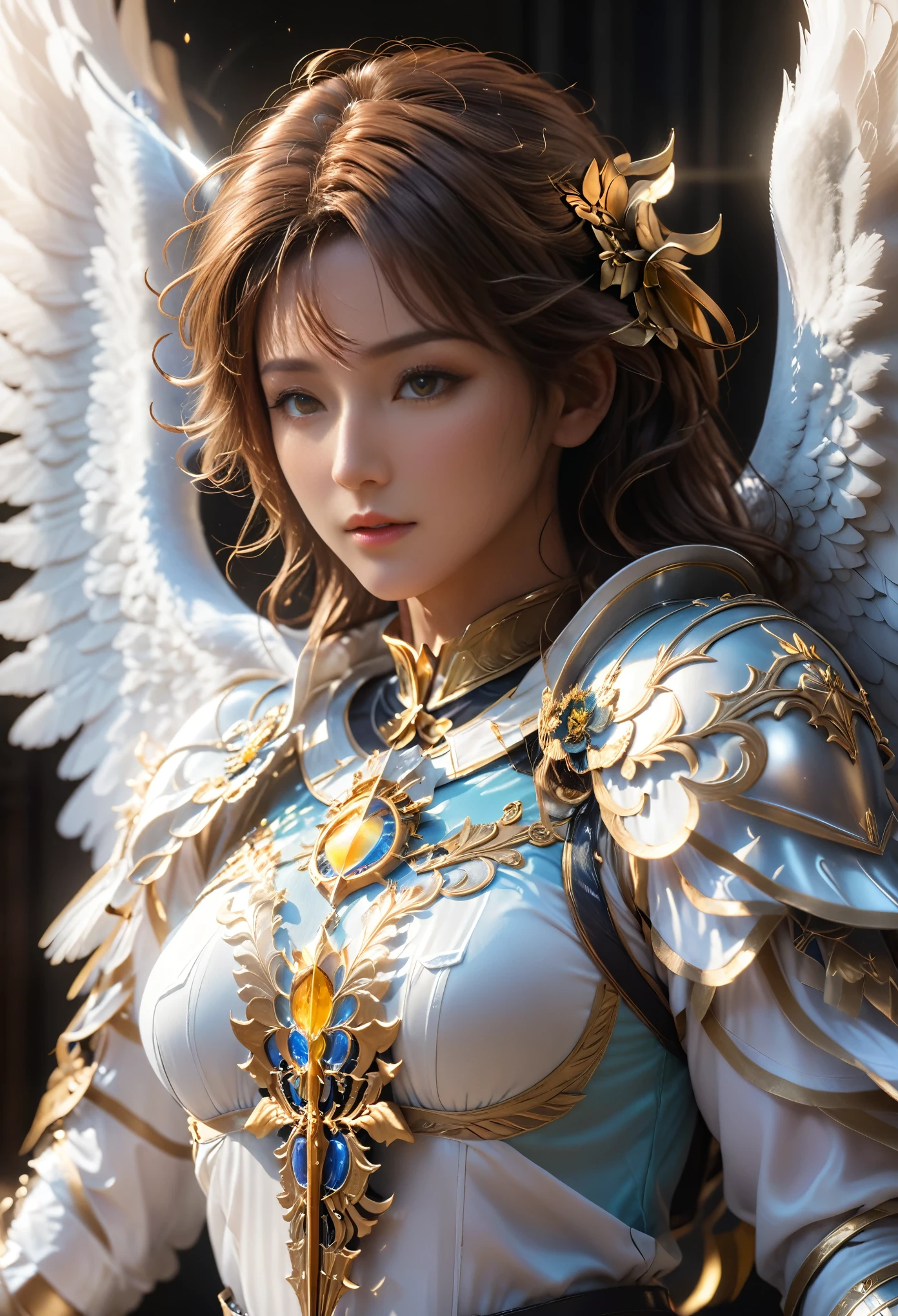 Archangel Michael、Four Archangels Last Out Peace,Highest quality,Ultra-detailed,High resolution,High resolution,4K,Portrait in 4K,8k,8kポートレート,unity 8k wallpaper,Highly detailed CG,Realistic,RAW Photos,Real person,Portrait of,Realistic,Glowing Skin,Detailed skin,((Top Quality)), ((Masterpiece)), (Details: 1.4), 3d, Thick voluminous hair, light particles, pure energy chaos antitech, HDR (High Dynamic Range), ray tracing, nvidia RTX, super resolution, Unreal 5, subsurface scattering, PBR Texturing, post-processing, anisotropic filtering, depth of field, maximum clarity and sharpness, multi-layer textures, Albedo and specular maps, surface shading, accurate simulation of light and material interaction, perfect proportions, Octane rendering, two-tone lighting, wide aperture, low ISO, white balance, trichotomy, 8k RAW,超Realisticな女性の肖像画,magic lights,32K resolution,Action pose, Realistic photos,Dynamic Lighting,Art Station,Volumetric lighting, Highly detailed face,Award,Shadow, Modesty,Beautiful long legs, showing thighs, Mastepiece, Cinematic Shadows, Synmatic Lighting, Realistic写真, Extremely detailed, Realistic写真, Raw photo,