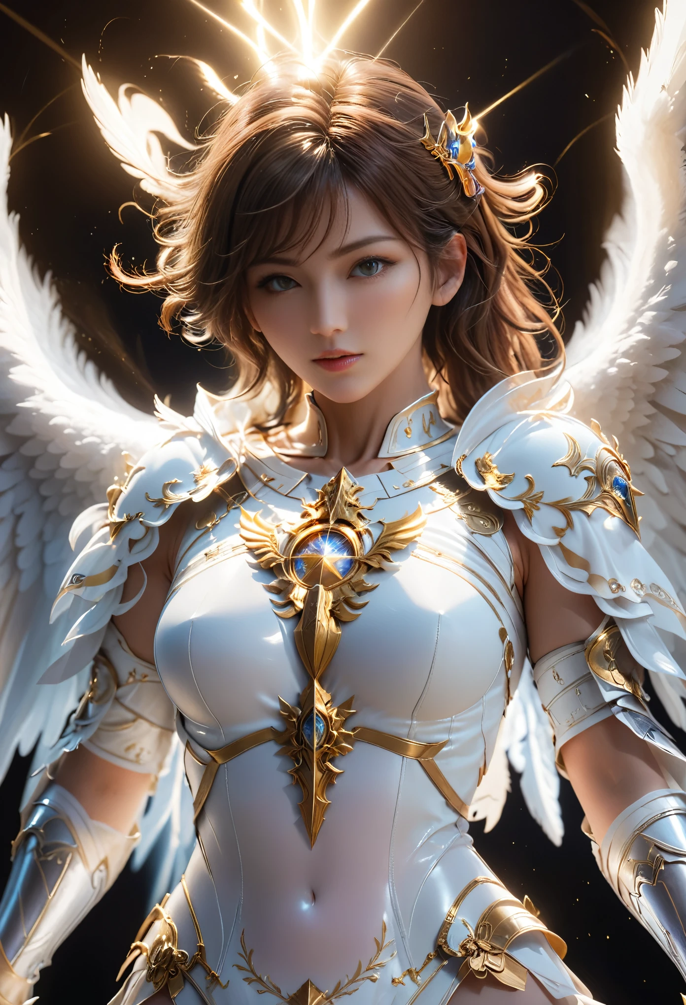 Archangel Michael、Four Archangels Last Out Peace,Highest quality,Ultra-detailed,High resolution,High resolution,4K,Portrait in 4K,8k,8kポートレート,unity 8k wallpaper,Highly detailed CG,Realistic,RAW Photos,Real person,Portrait of,Realistic,Glowing Skin,Detailed skin,((Top Quality)), ((Masterpiece)), (Details: 1.4), 3d, Thick voluminous hair, light particles, pure energy chaos antitech, HDR (High Dynamic Range), ray tracing, nvidia RTX, super resolution, Unreal 5, subsurface scattering, PBR Texturing, post-processing, anisotropic filtering, depth of field, maximum clarity and sharpness, multi-layer textures, Albedo and specular maps, surface shading, accurate simulation of light and material interaction, perfect proportions, Octane rendering, two-tone lighting, wide aperture, low ISO, white balance, trichotomy, 8k RAW,超Realisticな女性の肖像画,magic lights,32K resolution,Action pose, Realistic photos,Dynamic Lighting,Art Station,Volumetric lighting, Highly detailed face,Award,Shadow, Modesty,Beautiful long legs, showing thighs, Mastepiece, Cinematic Shadows, Synmatic Lighting, Realistic写真, Extremely detailed, Realistic写真, Raw photo,