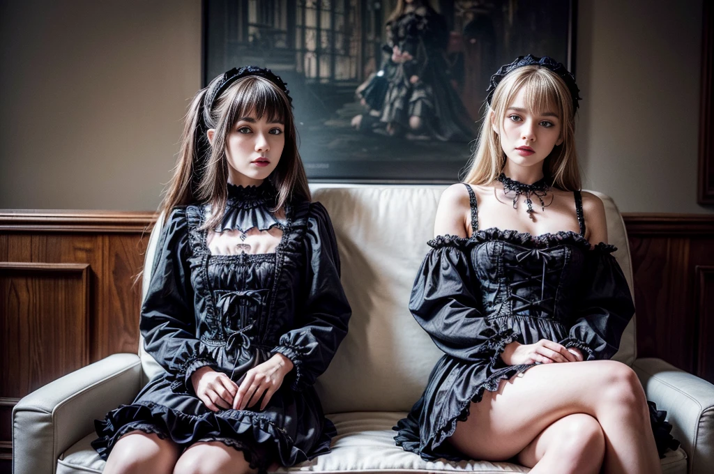 ((masterpiece、最high quality)), (Photorealistic photography:1.4) , (2. Gothic Lolita:1.5), White elegance, Highly detailed frills, (Intricate details),Two different girls, English Woman, 16 years old, Mysterious beautiful girl, very young face, Perfect Anatomy, Perfect Proportions, Very young figure, Perfect Face, Intense gothic makeup, Whitewashed face, Purple Lipstick, Purple Eyeshadow, (Heavy makeup:1.4), Pathological beauty, Bright face, Facial details, Serious face, Blonde and brunette, Straight long hair, Parting aligned bangs, Hair blowing in the wind, gothic lolita costume, Black miniskirt bulging with panniers, Very short stature, Very small breasts, ((Two girls sitting cuddled in lounge chairs)), Conceptual Art, realism, Godrays, Cinema Lighting, Canon, Attention to detail, high quality, HD Fine, 16K resolution, Full body portrait, Whole Body Ezbian