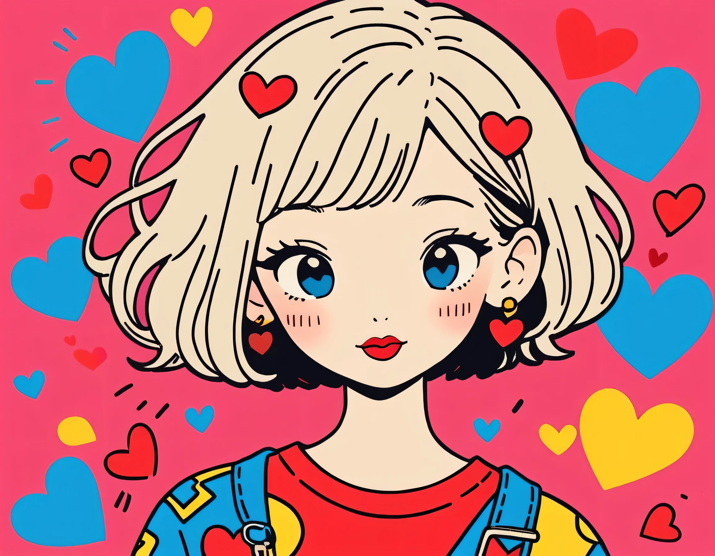 Keith Haring colorful style, Simple Line Initialism,Abstract art,Urban Background, (((The most beautiful girl of all time))), Sweet face. Lips in love, colorful hearts, stylish design, 夏のオシャレなTシャツ, 黒い瞳