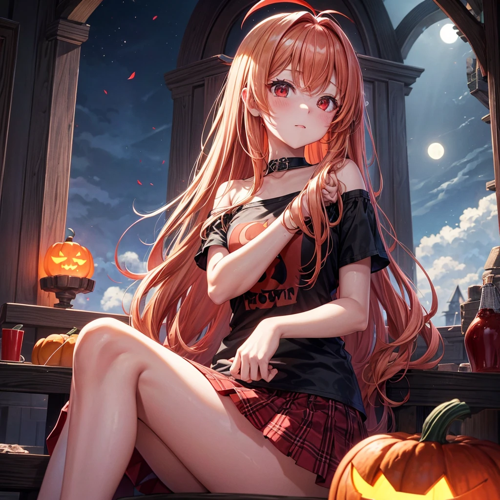 Red-blonde、Red eyes、One cute girl、solo、And soul、Light clothing、Checked mini skirt、petal、Wet hair、Sit on、black t-shirts、large tree、cloud、full moon、monster castle、Lantern in the shape of a pumpkin、Hell&#39;s Gate、Craft Gatekeeper、barefoot、Stones are piled up、Teeth are visible、Secret Treasure、Wooden chair、Moss grows、Fortress City、water is gushing out、Lightning strikes、Tilting face