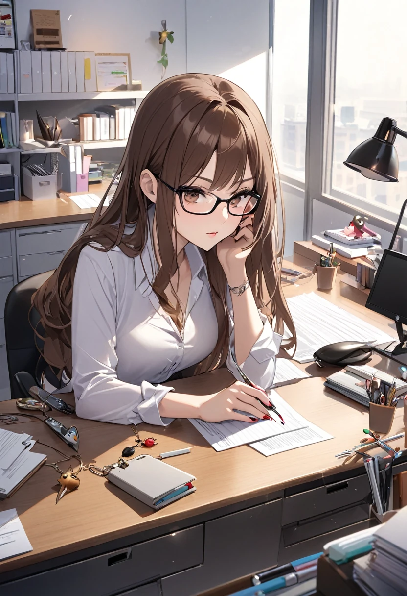 woman,cool,OL,Beauty,Long Hair,Brown Hair,Charm,lure,Working,Sharp,Black-rimmed glasses,nail,office,Beautiful desk area,