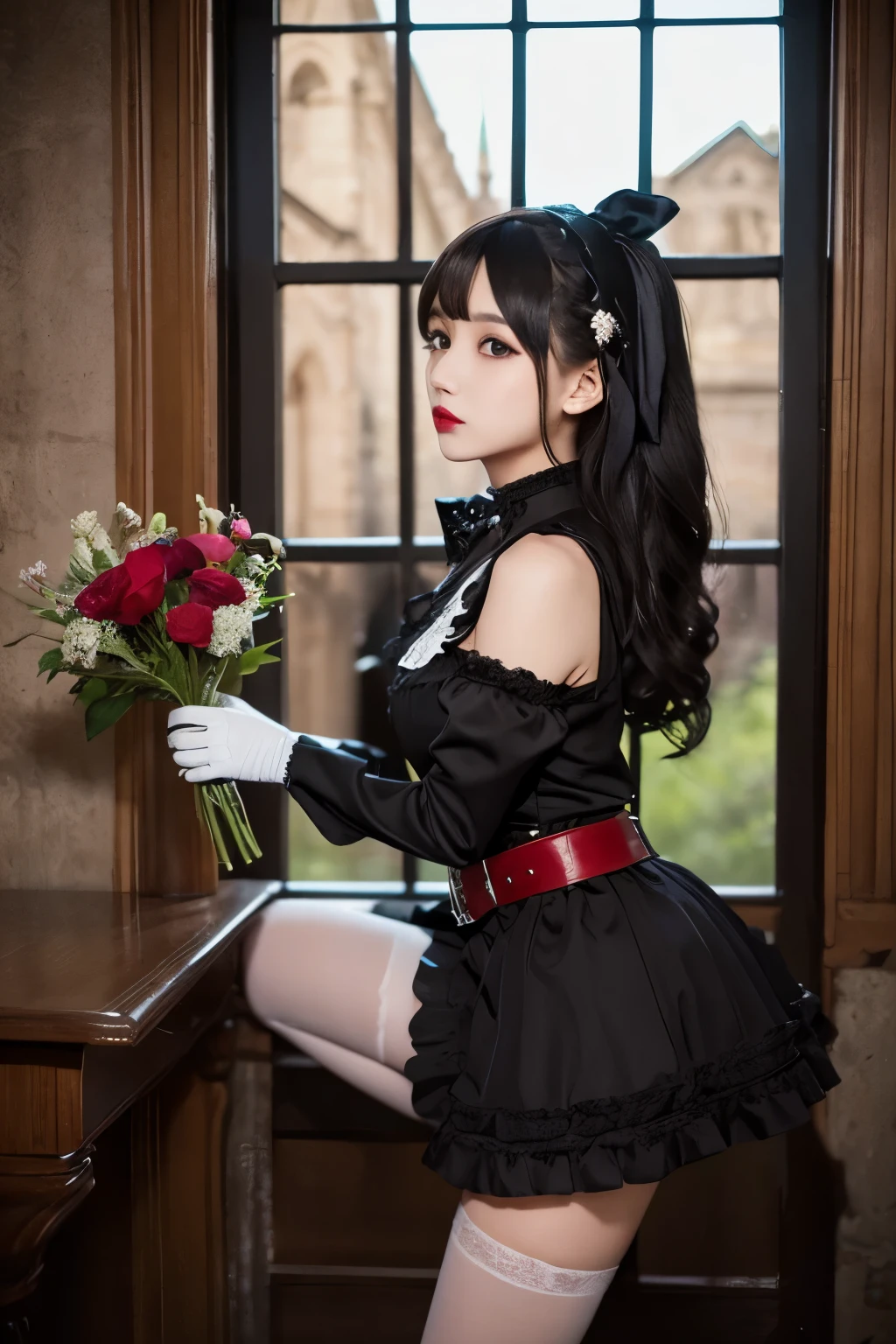 In the image、There is a female character wearing a dark, gothic ta outfit.。She bends one leg a little、She strikes a confident pose、In her left hand she holds a bouquet of flowers with a red ribbon.。The character has long silver hair with black streaks.、Her hairstyle is decorated with a red ribbon.。Her makeup is dramatic、Dark eyeliner and red lipstick accentuate her striking look.。
She is wearing a black dress with puff sleeves and a high collar.、Embellished with intricate stitching and a belt that cinches the waist。The skirt has layers of ruffles、There is a noticeable red layer underneath the black fabric.、Adds contrast and flare。She also、She is wearing black gloves to match the gothic theme.。
In the background、You can see a Gothic church with arched windows and a pointed roof.、It enhances the overall dark and mysterious atmosphere.。The lighting is natural、Insert from the right side、It creates shadows that highlight the texture and detail of the dress and accessories.。
The overall feel of the image is dramatic and bold.、It captures the essence of Gothic Loliashion with a touch of romantic elegance.。