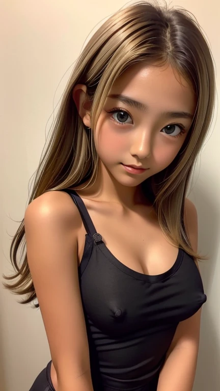 (Detailed face:1.3),1人のgirl, 、cute、(((Euphoric face:1.2)))、(Tight plain black camisole:1.5)、Baby Face、(V bust:1.4),(Nipples:1.4)、Brown eyes, ((Gal Hairstyles、Blonde Hair:1.1))、girl, (Eye and facial details:1.0), break, (masterpiece, Highest quality, Very detailed,8k:1.3)、front、Black side-tie panties:1.2