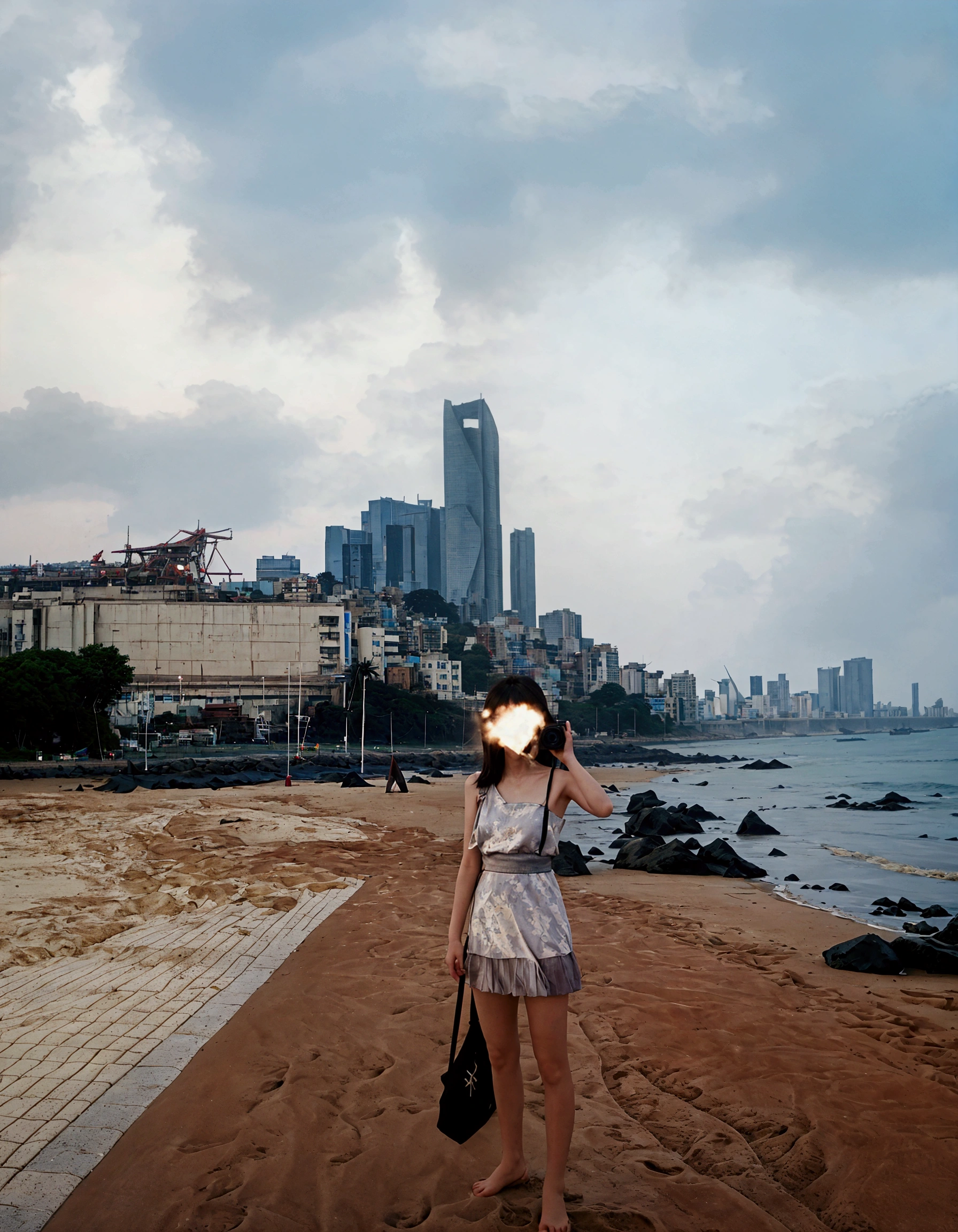 一位女士Standing on the beach,Camera in hand, In front of a fantasy city, City background, Shoulder smoke, In front of sci-fi cityscape, visible sky and moist atmosphere, 3 6 0 picture, Standing on the beach, Tone Mapping, Distorted photos, Girl's panorama
