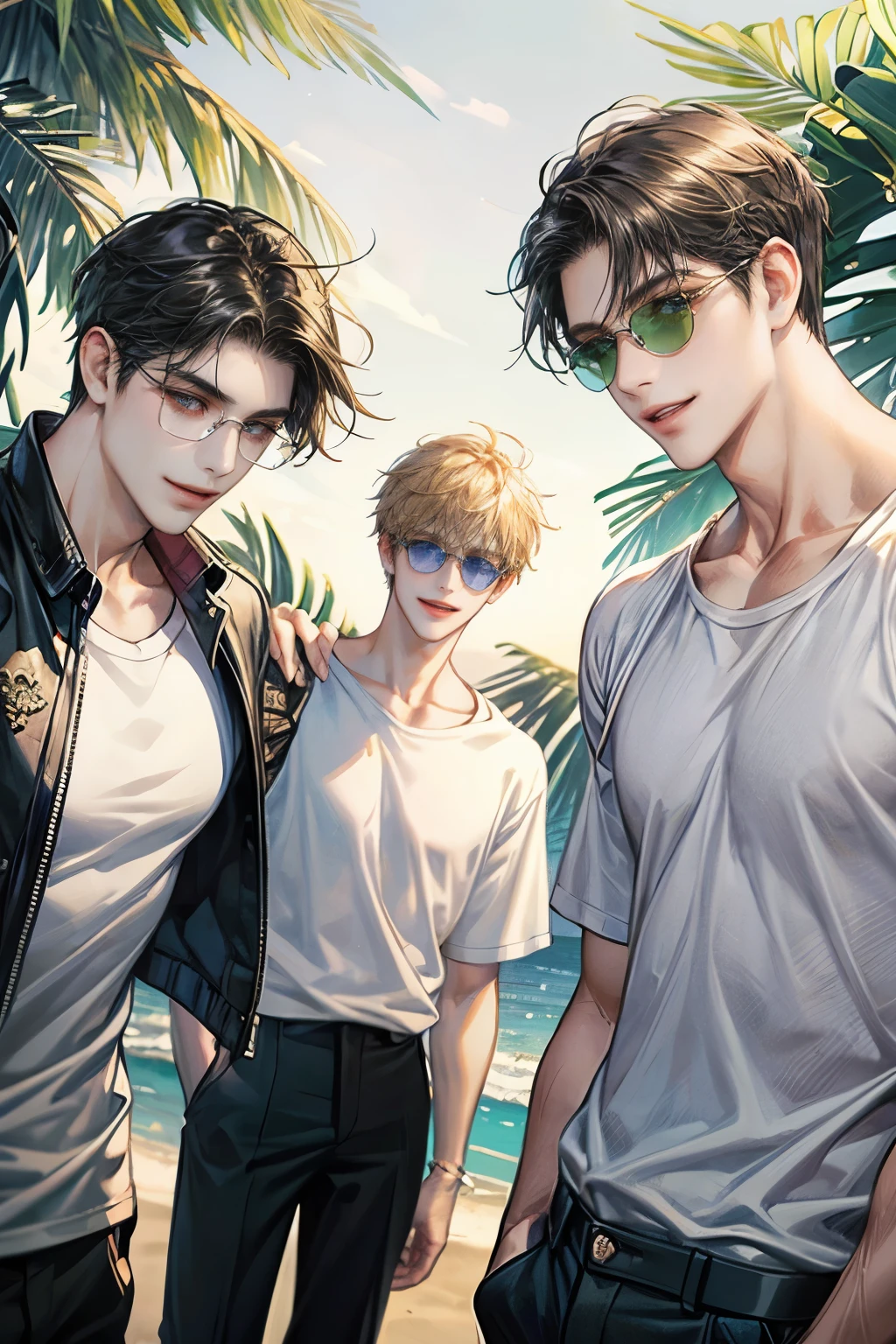 close-up look, Half-body image, {{Three handsome young male}} , wearing t-shirt and shot pants, hat and sun glasses, friens, smiling, nature backgroung, soft light, hi-quarity, {{highly detailing}}, Masterpiece