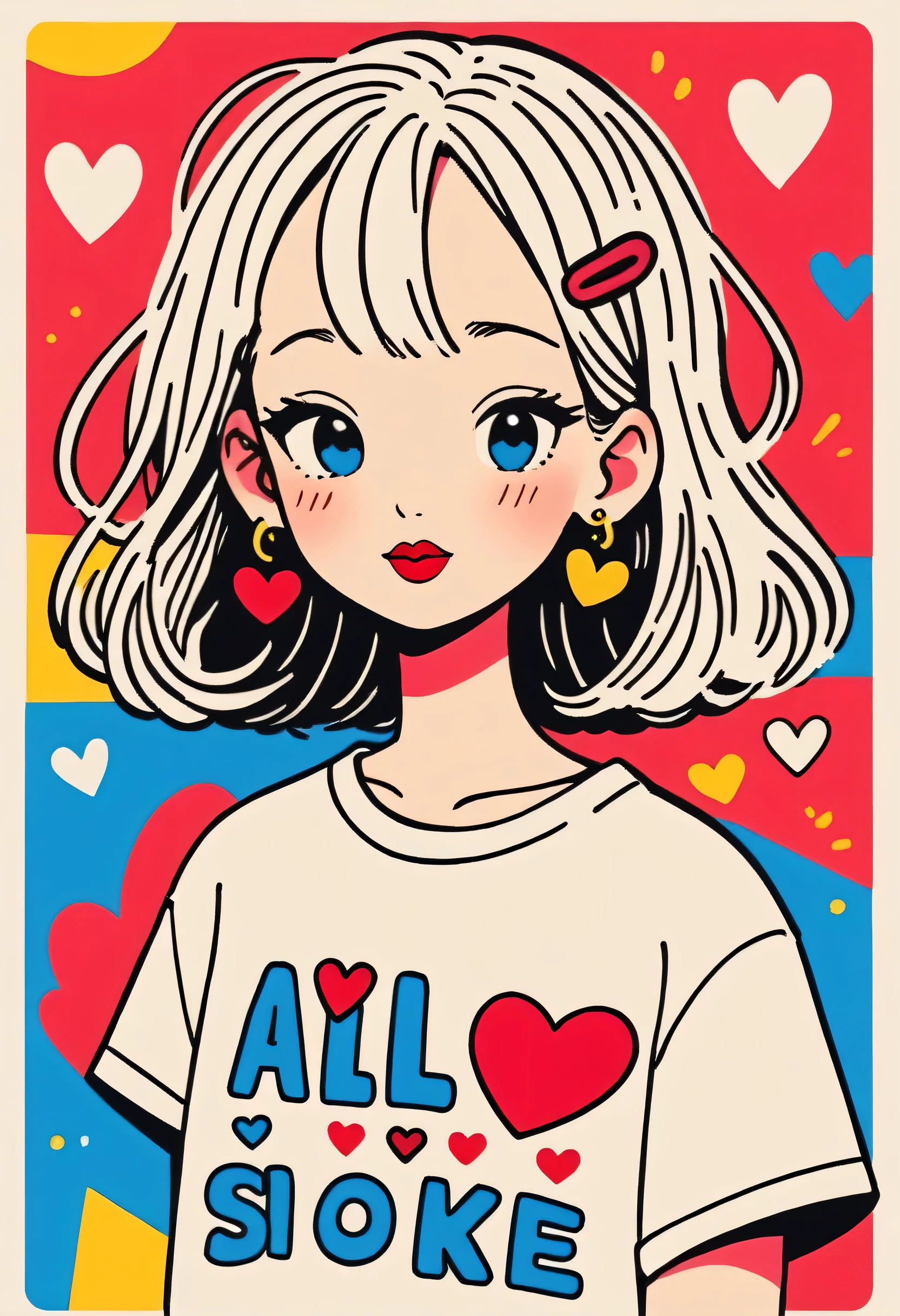 Keith Haring colorful style, Simple Line Initialism，Abstract art，Urban Background, (((The most beautiful girl of all time))), Sweet face. Lips in love, colorful hearts, stylish design, 夏のオシャレなTシャツ, 黒い瞳