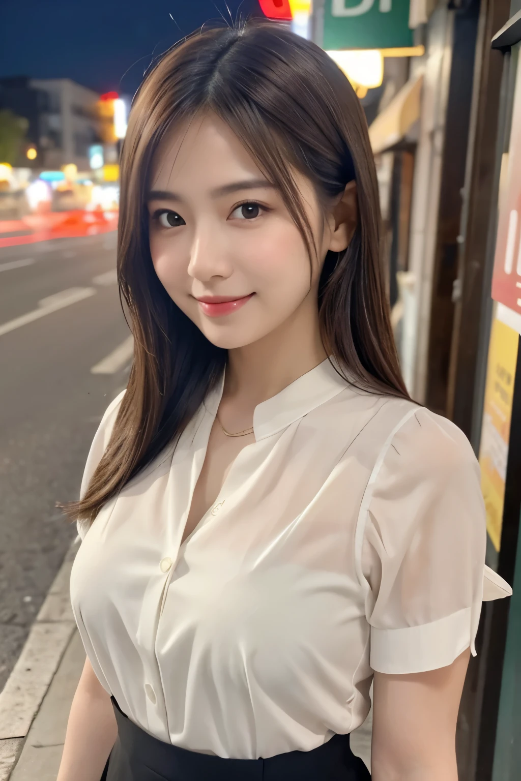 realistic, photogenic, short length bright-brown hair, hair fluttering in the wind, beautiful white-colored translucent skin, a little sunburned, medium build a little bit chubbily figure, ample breasts, small mouth, smile grinning, small nose, smooth round jawline, glossy face, realistic figure, elegant makeup, flushed cheeks, squint eyes, sweating, wearing office-work wear, wearing white blouse on the upper body, the top button of the blouse is open, a little bra-strap showing through, waiting in front of restaurant, hotel area at night, close-up shoot, angle looking down from above