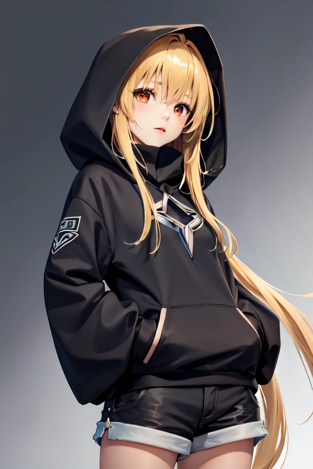 1 girl, adolescent, black hood, blue shorts, long and blond hair,