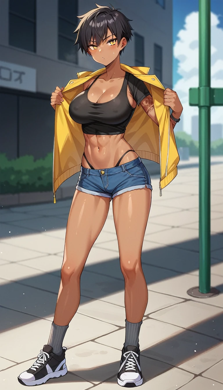 1girl, shiny skin, speedlines, perfect face, intricate details, score_9, score_8_up, score_7_up, rating_explicit, source_anime, Colored, Tomboy, dark skin, messy short hair, shiny black hair, golden yellow eyes, large breasts, Hourglass figure, Athletic body, Slim-fit body, Rural city, arm tattoo, midriff jacket, short sleeves, black tank top, blue short jeans, black thong, gray socks, black sneakers, full view