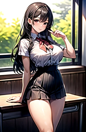 ((Highest quality)), ((masterpiece)), (detailed:1.4), 3d, high school girl, Harem, Very large breasts, Short skirt, Narrow waist, In the classroom, Black Hair, Long Hair, Show me your underwear, Glowing Skin, Beautiful Hair, detailedな顔