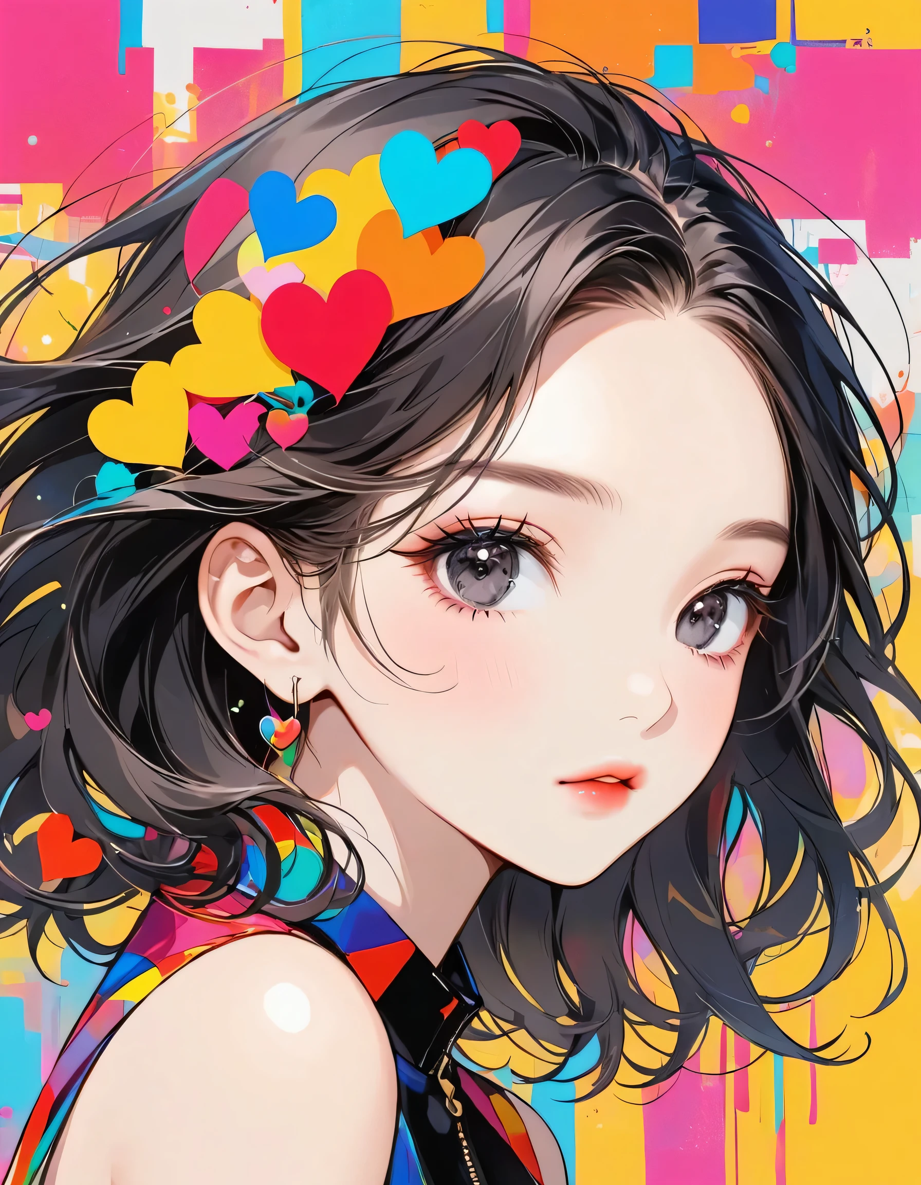 Mika Pikazo colorful style, Simple Line Initialism,Abstract art,Urban Background, (((The most beautiful girl of all time))), black eyes, Sweet face. Lips in love, colorful hearts, stylish design, black eyes, Front face