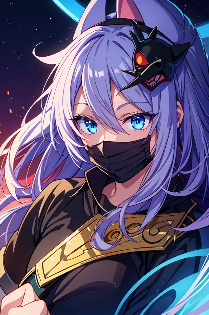 high qualiy, アニメ, work of art, naughty man, Cabelo rosa アニメ, mask that covers the entire black face with a scary smile.
