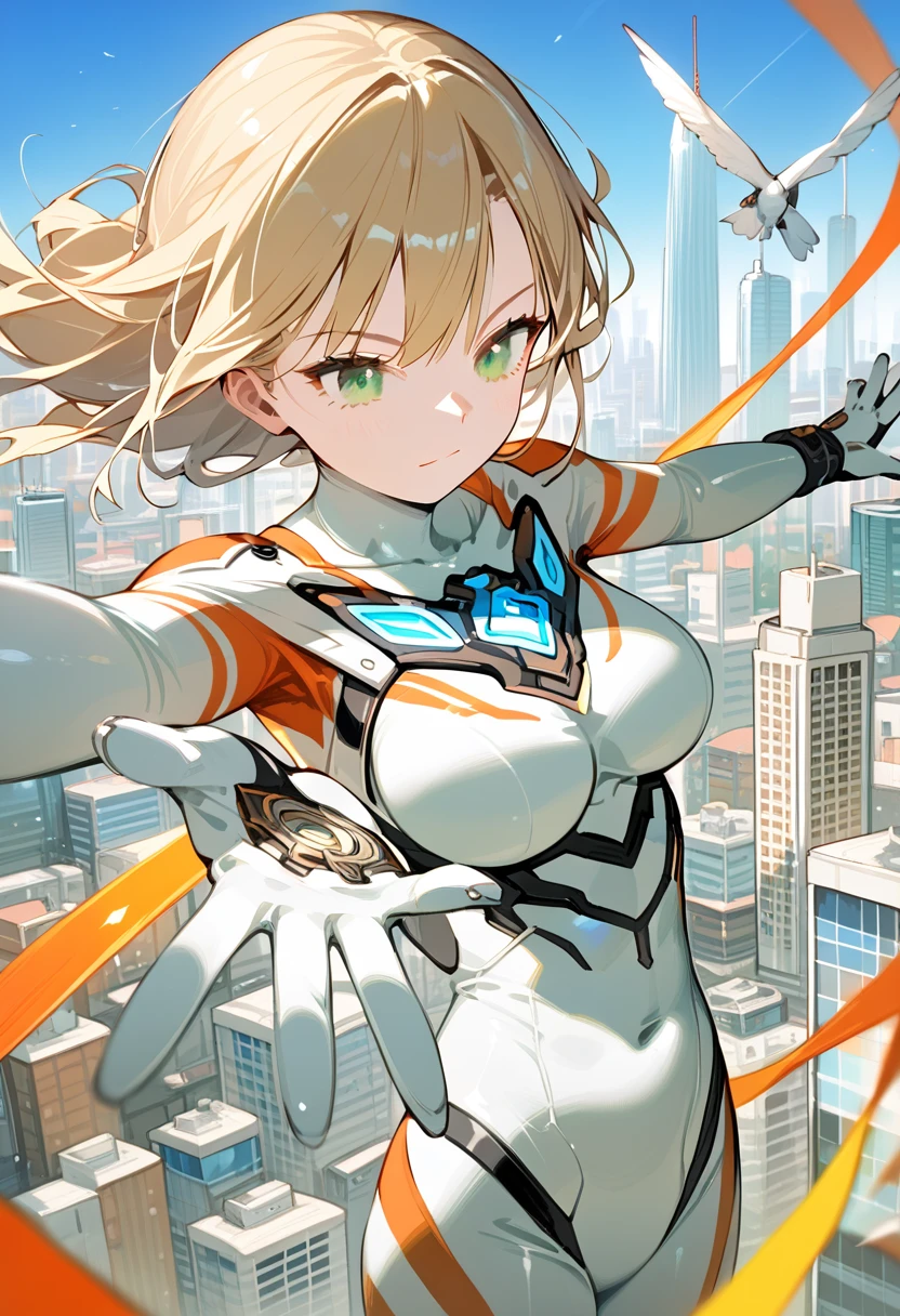 (best quality),female,Sala,original,blonde hair ,green eyes,(((white bodysuit))),orange stripes clothes,ultragirl,city,giant girl,BREAK,She has her wrists crossed in front of her chest.
Her fingers are outstretched.crossed wrists,ultra-detailed,sharp focus,aesthetic, score_9, score_8_up, score_7_up,source_anime,