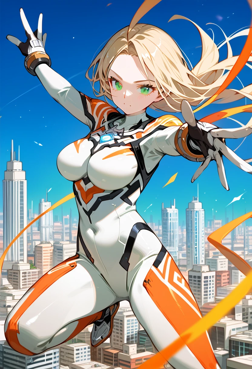 (best quality),female,Sala,original,blonde hair ,green eyes,(((white bodysuit))),orange stripes clothes,ultragirl,city,giant girl,BREAK,She has her wrists crossed in front of her chest.
Her fingers are outstretched.crossed wrists,ultra-detailed,sharp focus,aesthetic, score_9, score_8_up, score_7_up,source_anime,