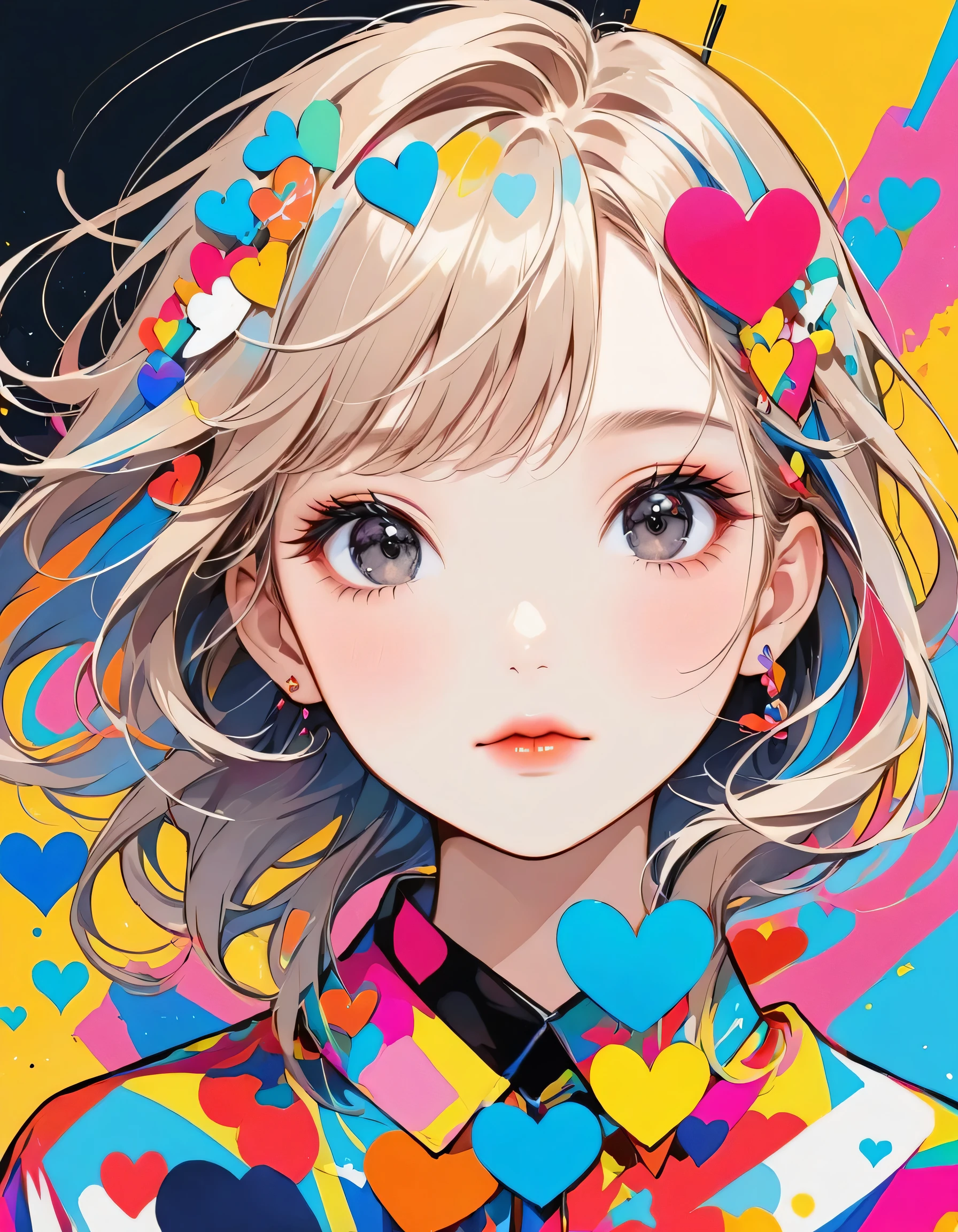 Mika Pikazo colorful style, Simple Line Initialism，Abstract art，Urban Background, (((The most beautiful girl of all time))), black eyes, Sweet face. Lips in love, colorful hearts, stylish design, black eyes, Front face