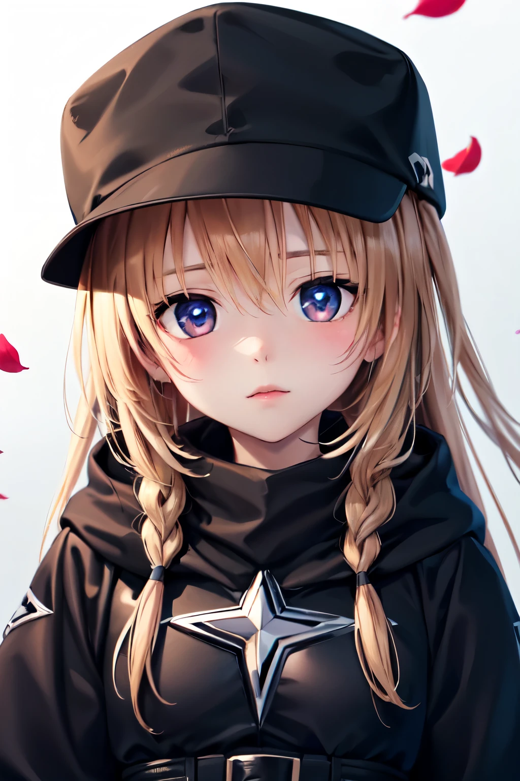 the girl with by rubio with a red top and black jacket is staring at the camera, 1 girl, Alone, braid, by rubio, has, blue eyes, baseball cap, by the wide, Upper part of the body, petals, blush, old, hood, looking at the viewer, jacket, black hats, hits