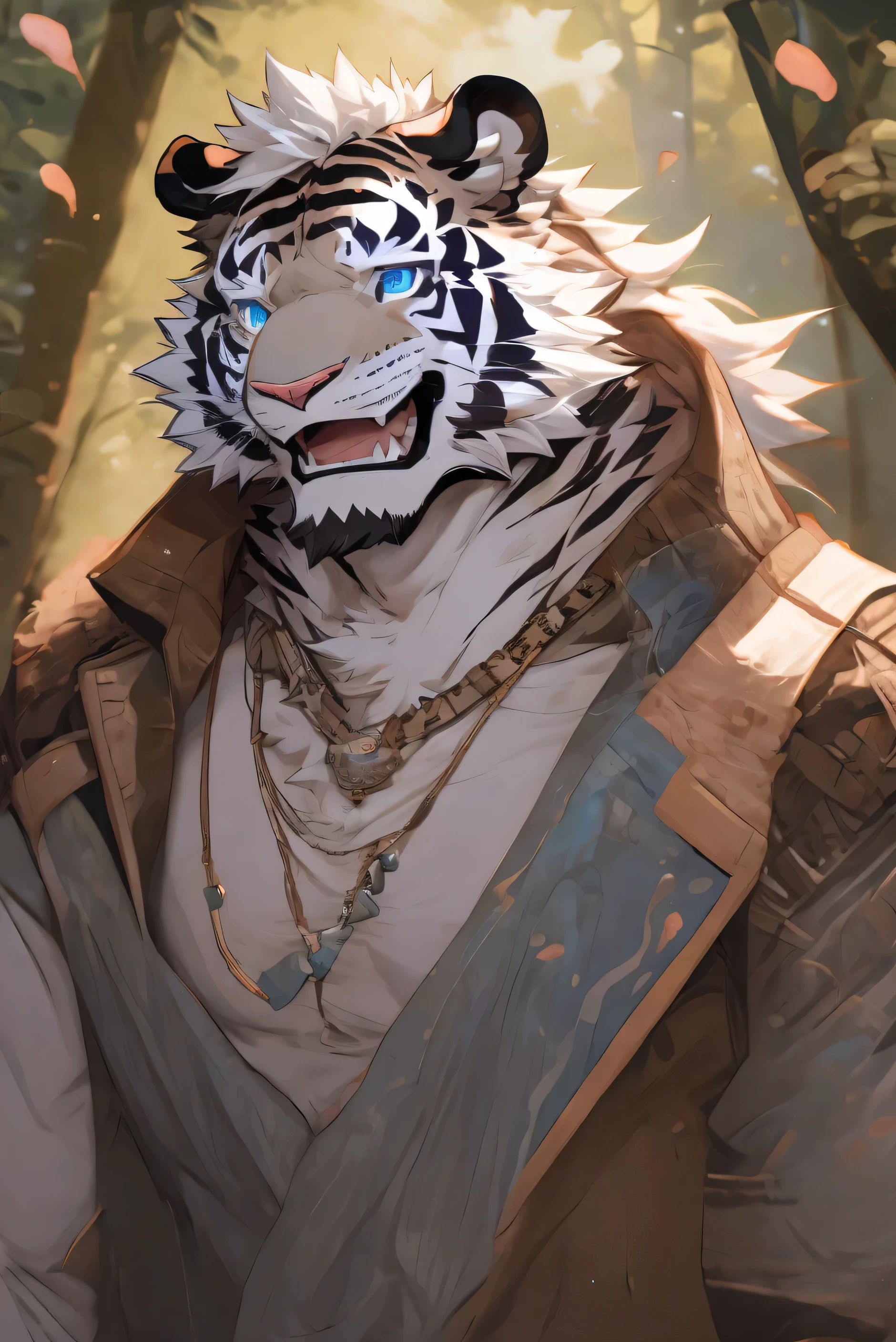 White fur,black strips,White Tiger,Blue pupils,medium height,Thin body type,White hair,Silver necklace,White Tiger Orc,short hair,Croak,Peach blossom petals,male,Blue Eyes,Blue Eyes,Exquisite eyes,Holding silver pocket watch,laughing out loud,Tiger Teeth,Forest Background