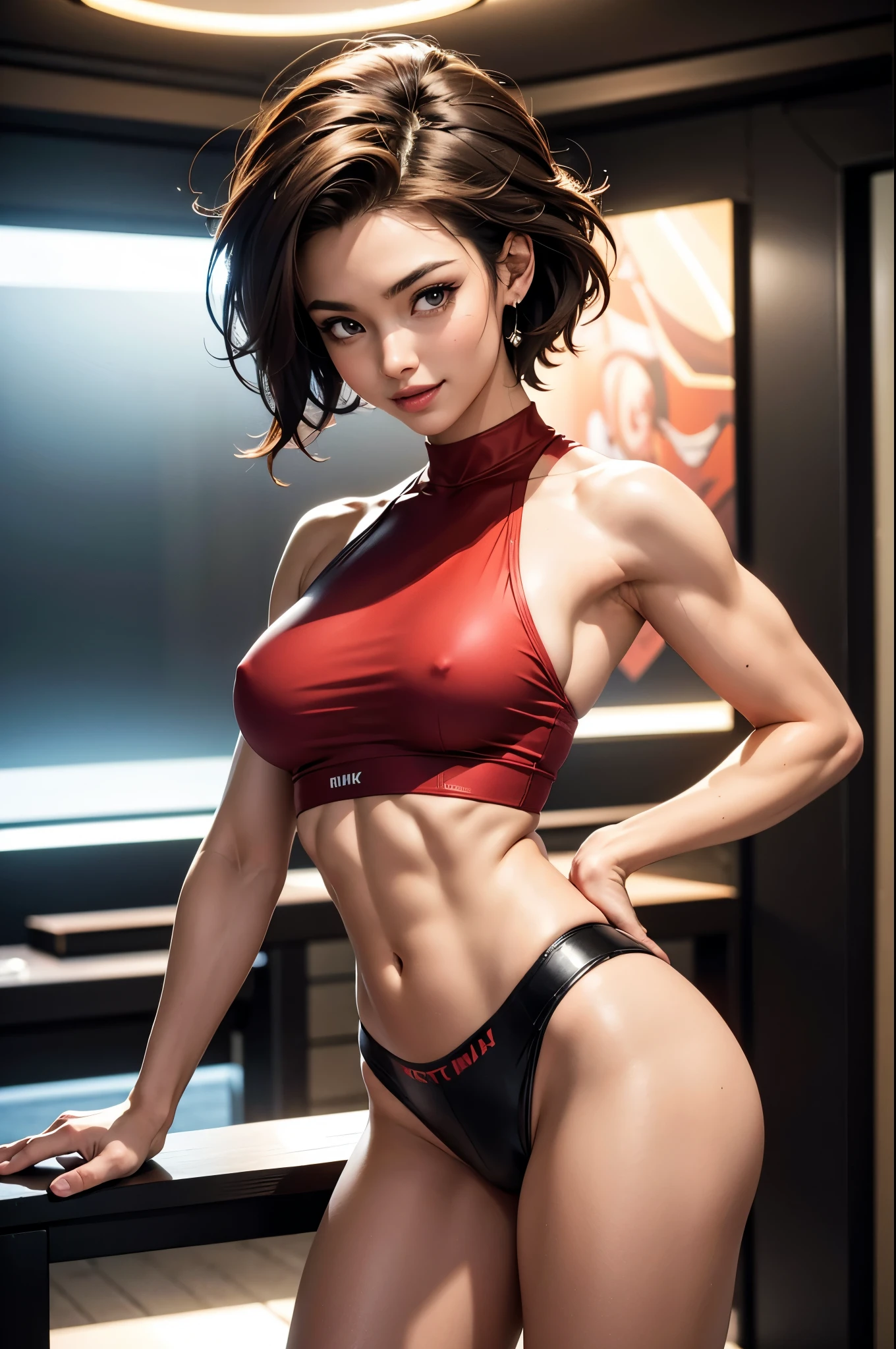 8k,Light brown mohawk hair,胸の大きなso beautifulなオランダ人の女性, Big and ample breasts,Big smile,so beautiful(Like the real thing)Black and red sporty outfit,Black and red sporty pants,　sexy,deviantart artstation cgscosiety, 3DレンダリングCharacter Art, Trending on Artstation 8k, Trending on artstation hd, Adventure Hyper Real Rendering, Perfect body with realistic shading, Photorealistic perfect body, Ultra-high resolution,Ultra-high resolution,Surreal,Fantasy art,Character Art,high quality,sexy,Strongly defined abdominal muscles,Muscular and slim body,Muscular and lean lower body,Rich colors, Backlight, Cinema Lighting, Film Grain, to be born, 50mm lens, Nikon D850,compensate,View your viewers,Lean and muscular lower body,Muscular Beauty,Bodybuilder,Makeup,Big smile,Uplifting,Top-down view,push ups,