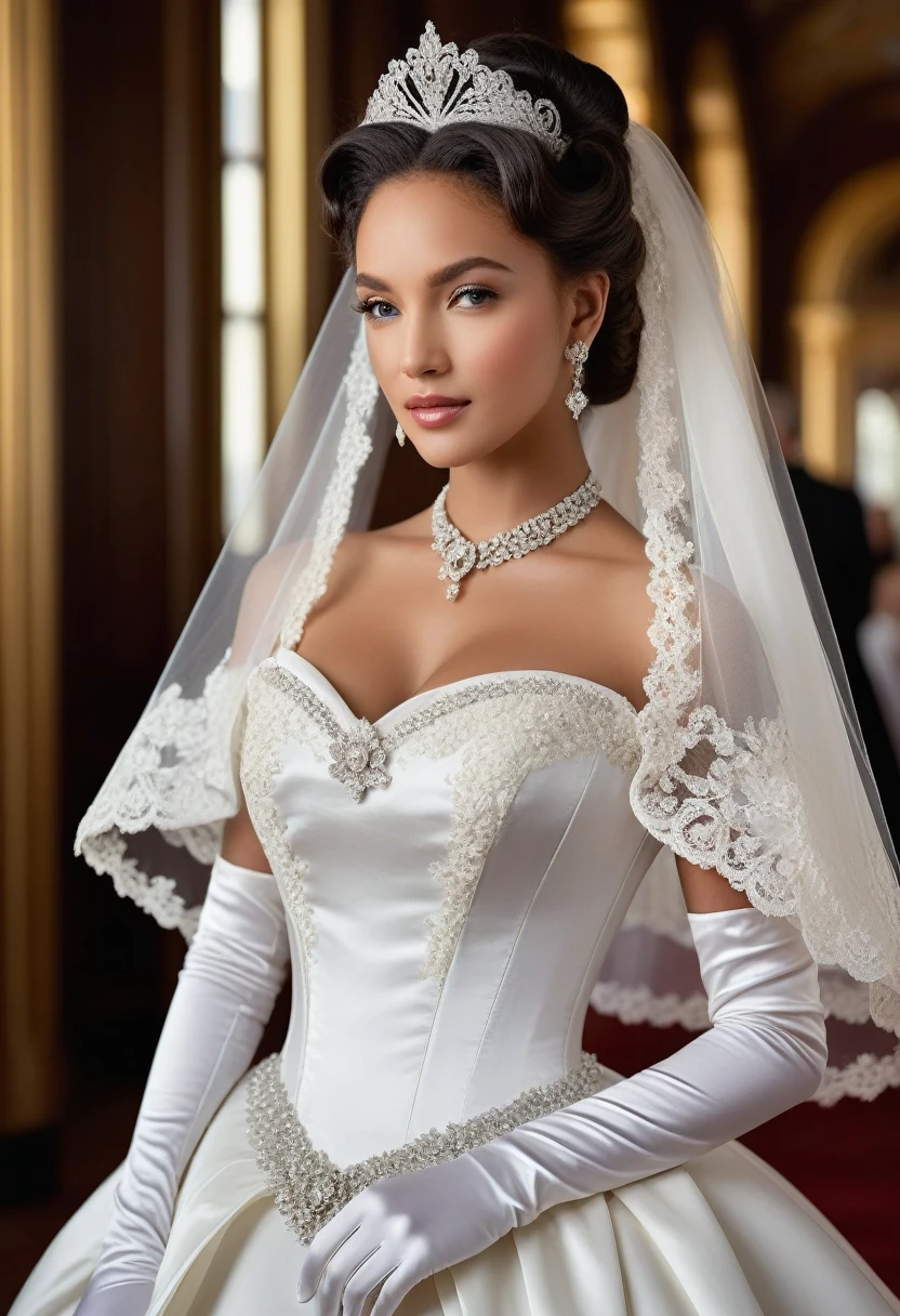 1girl, solo, (masterpiece), best quality, expressive eyes, perfect face, pilar sanders, modeling in a majestic, indoor palace setting, adorned in a shimmering white satin bridal gown boasting a voluminous princess skirt, an elongated trail, a harmoniously fascinating veil, and an intricately laced and diamond-encrusted bodice with a bow. Victorian style wedding gown with lace, frills and ribbons. Elaborate victorian updo hairstyle. ribbon belt on waist, Crowning her head is a princess's tiara, while diamond earrings and necklace sparkle in contrast with the white satin of her elbow-length opera gloves, realistic, 4k, hd, detailed, perfect anatomy, perfect hands, perfect face 