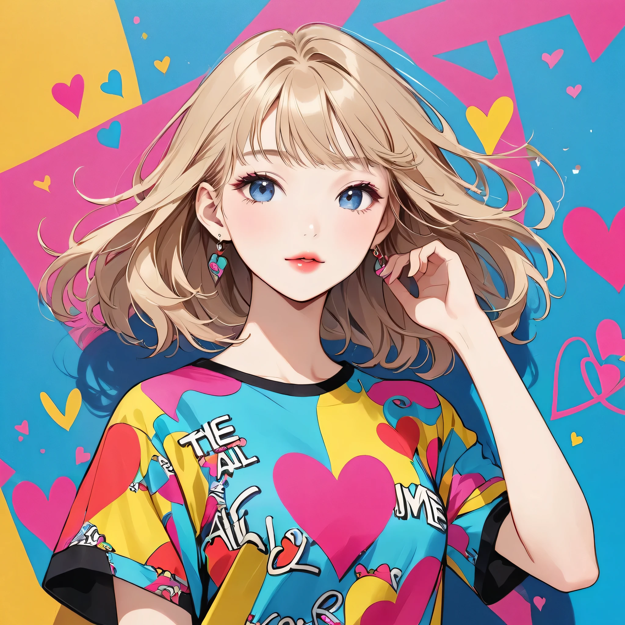 Keith Haring colorful style, Simple Line Initialism,Abstract art,Urban Background, (((The most beautiful girl of all time))), Sweet face. Lips in love, colorful hearts, stylish design, 夏のオシャレなTシャツ, 黒い瞳
