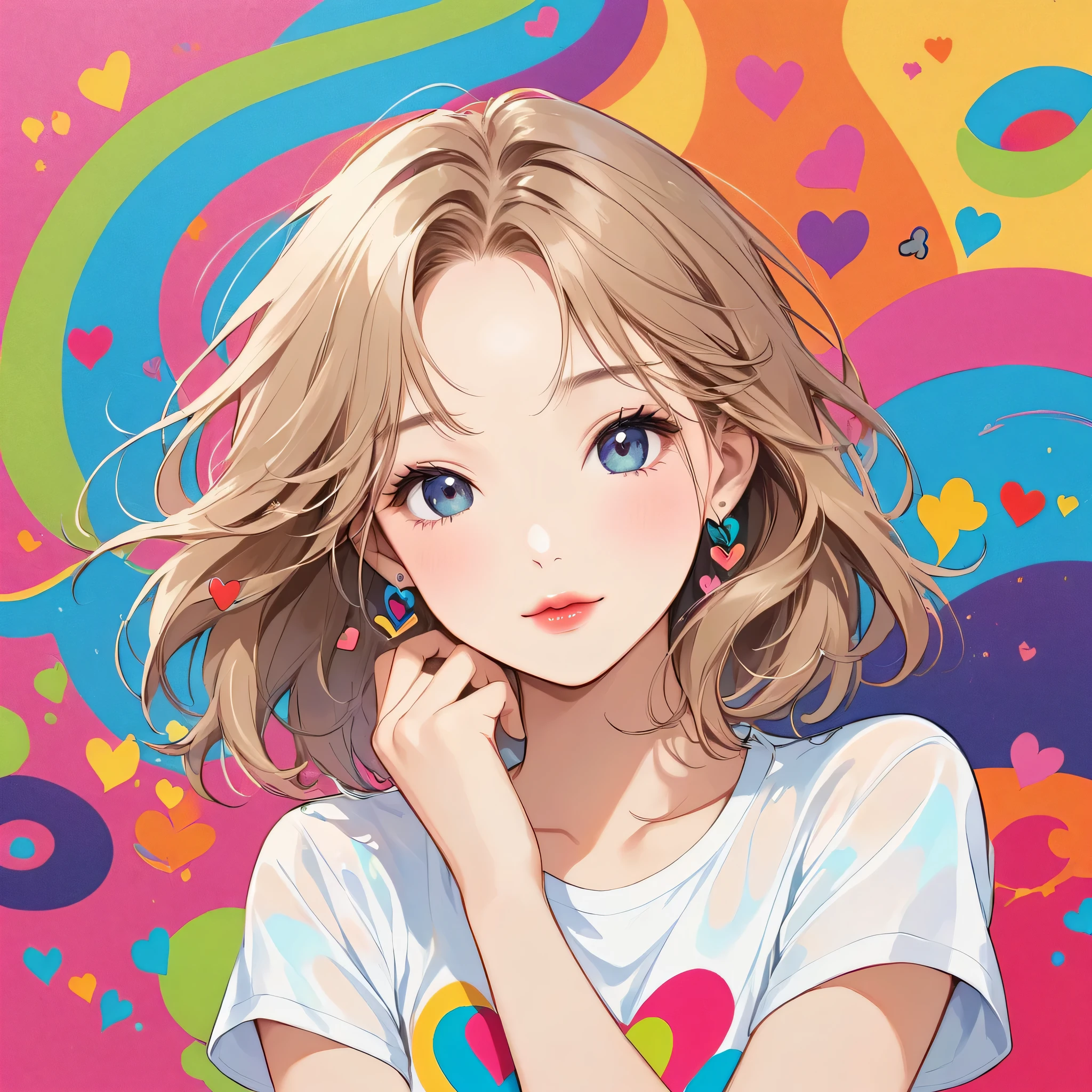 Keith Haring colorful style, Simple Line Initialism,Abstract art,Urban Background, (((The most beautiful girl of all time))), Sweet face. Lips in love, colorful hearts, stylish design, 夏のオシャレなTシャツ, 黒い瞳