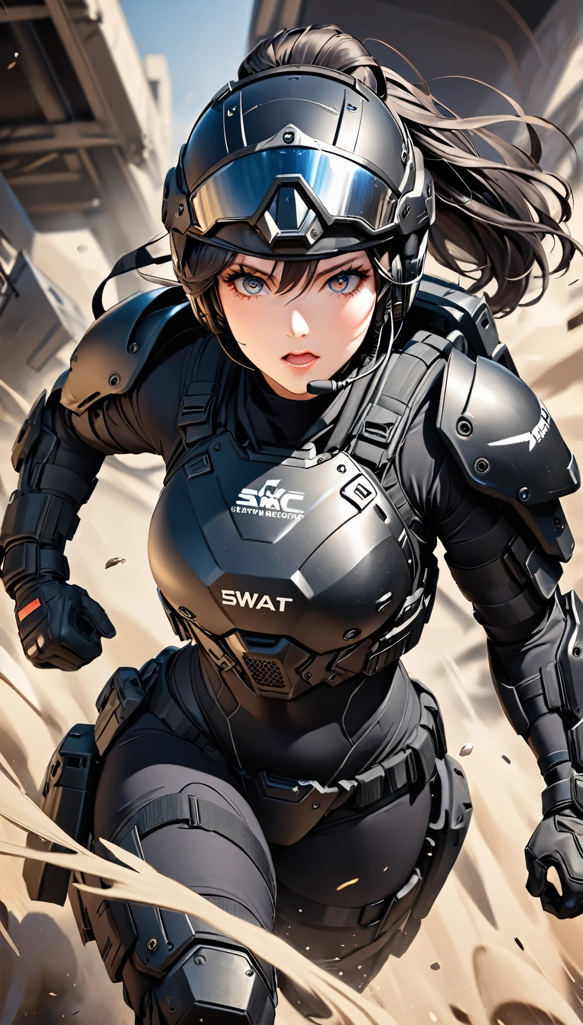 (masterpiece:1.2,Highest quality,Highest quality,Very detailed:1.2),8k,wallpaper,(One Woman),(Future female SWAT team members),(((Charge:1.6))),(Extremely form fitting black tactical body armor),(Tactical Headset),(Tactical Gloves),(Tactical Helmet),BREAK(Severe),(ponytail),(Black Hair),(Beautiful Face),(Beautiful Eyes),(Beautiful Eyes),(Very detailedな顔),(Very detailedな女性の手),(Muscular),(sexy),(Big Breasts),(Thick thighs),(Beautiful body),(The background is a criminal hideout:1.6),(cyber punk:1.6),(((Hand,detailed,perfect,perfection,hands))),(Beautiful female hands),(Accurate hand drawing),(dynamic:1.6),(action shot)