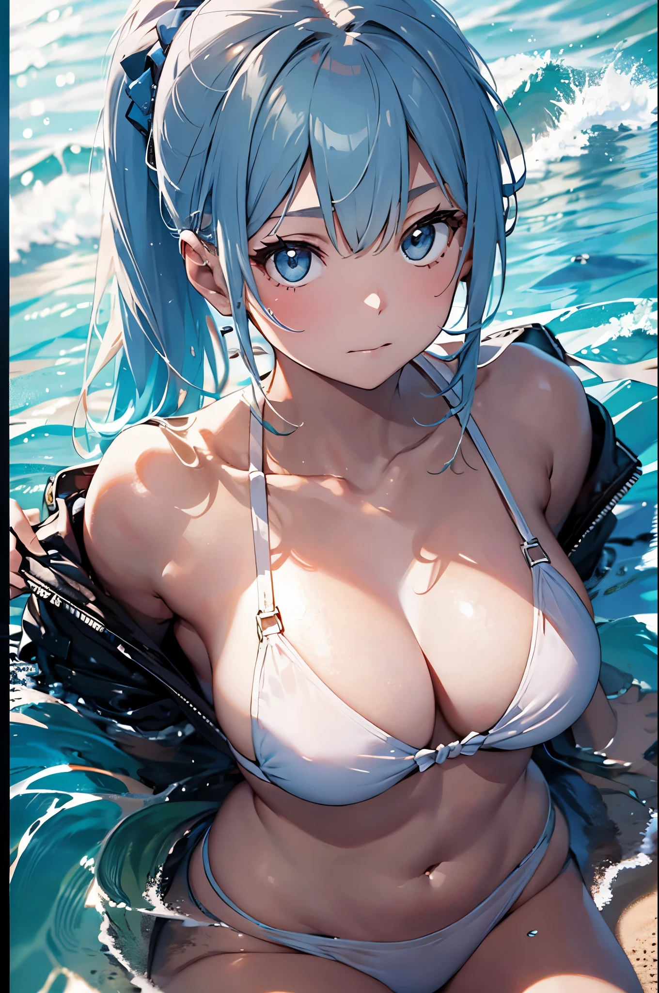 High resolution,topless、
One beautiful young woman,Light blue hair、ponytail、
(Soft Saturation:1.3), (Fair skin:1.2),
(ultra-Detailed Background, Detailed Background), Bokeh,
break'Portrait of a smiling girl.,
When viewed from the front, The composition is symmetrical,
Looking straight at you with serious eyes,
break Swimwear, White Bikini, Center of chest,
Outdoor, Sea surface, null, sunlight,Summer beach, Sandy Beach,
Strong light, Front lighting,
(:1.3), (Cowboy Shot:1.2),
Front brake angle,
View your audience,
Dynamic pose,
sitting on the beach
Seaweed、Seaweed、Seaweed、Seaweed、Seaweed、Seaweed、Seaweed、