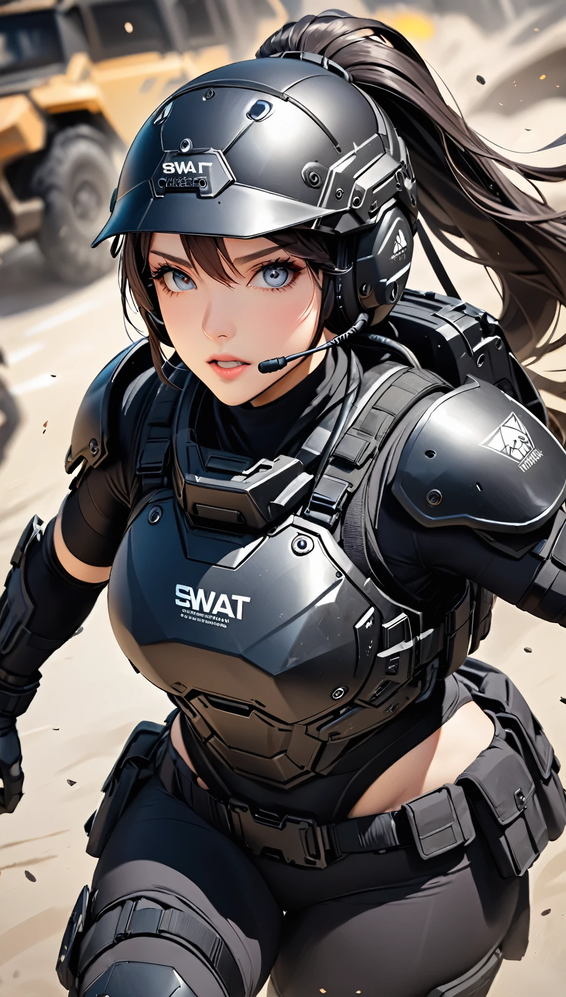 (masterpiece:1.2,Highest quality,Highest quality,Very detailed:1.2),8k,wallpaper,(One Woman),(Future female SWAT team members),(((Charge:1.6))),(Extremely form fitting black tactical body armor),(Tactical Headset),(Tactical Gloves),(Tactical Helmet),BREAK(Severe),(ponytail),(Black Hair),(Beautiful Face),(Beautiful Eyes),(Beautiful Eyes),(Very detailedな顔),(Very detailedな女性の手),(Muscular),(sexy),(Big Breasts),(Thick thighs),(Beautiful body),(The background is a criminal hideout:1.6),(cyber punk:1.6),(((Hand,detailed,perfect,perfection,hands))),(Beautiful female hands),(Accurate hand drawing),(dynamic:1.6),(action shot)