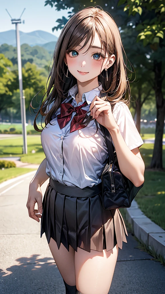 (masterpiece:1.2, top-quality), (realistic, photorealistic:1.4), beautiful illustration, (natural side lighting, movie lighting),
looking at viewer, cowboy shot, front view:0.6, 1 girl, japanese, high school girl, perfect face, cute and symmetrical face, shiny skin,
(long hair:1.8, straight hair:1.7, light brown hair), parted bangs, emerald green eyes, long eye lasher, (large breasts:0.9, thick thighs),
beautiful hair, beautiful face, beautiful detailed eyes, beautiful clavicle, beautiful body, beautiful chest, beautiful thigh, beautiful legs, beautiful fingers,
((, white collared shirts, black pleated mini skirt, black socks, brown loafers, red bow tie)), break, hoop ring earrings, pink panties, dark blue school bag, violet cardigan, break,
(beautiful scenery), evening, riverside, walking, hands on chest, (lovely smile, upper eyes), A masterpiece, top quality, highest definition, 32K, one big dog, one beautiful woman. Platinum blonde, In the grass of a meadow, a girl stands, slightly, legs open. A complete body. Complete hands and legs. Thin waist.
Her face, bright red, flush and shy.
You can see her nipples standing out, even through her shirt. Her breasts are so large that you can see them even through the top of her shirt. (The skirt is shorter than normal, but it is a very short mini-pleated skirt that almost reveals her panties.)The girl has brown hair.
(The skirt is extremely short.)