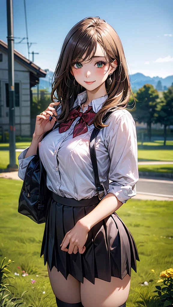 (masterpiece:1.2, top-quality), (realistic, photorealistic:1.4), beautiful illustration, (natural side lighting, movie lighting), 
looking at viewer, cowboy shot, front view:0.6, 1 girl, japanese, high school girl, perfect face, cute and symmetrical face, shiny skin, 
(long hair:1.8, straight hair:1.7, light brown hair), parted bangs, emerald green eyes, long eye lasher, (large breasts:0.9, thick thighs), 
beautiful hair, beautiful face, beautiful detailed eyes, beautiful clavicle, beautiful body, beautiful chest, beautiful thigh, beautiful legs, beautiful fingers, 
((, white collared shirts, black pleated mini skirt, black socks, brown loafers, red bow tie)), break, hoop ring earrings, pink panties, dark blue school bag, violet cardigan, break,
(beautiful scenery), evening, riverside, walking, hands on chest, (lovely smile, upper eyes), A masterpiece, top quality, highest definition, 32K, one big dog, one beautiful woman. Platinum blonde, In the grass of a meadow, a girl stands, slightly, legs open. A complete body. Complete hands and legs. Thin waist.

Her face, bright red, flush and shy.
You can see her nipples standing out, even through her shirt. Her breasts are so large that you can see them even through the top of her shirt. （The skirt is shorter than normal, but it is a very short mini-pleated skirt that almost reveals her panties.)The girl has brown hair.


(The skirt is extremely short.)