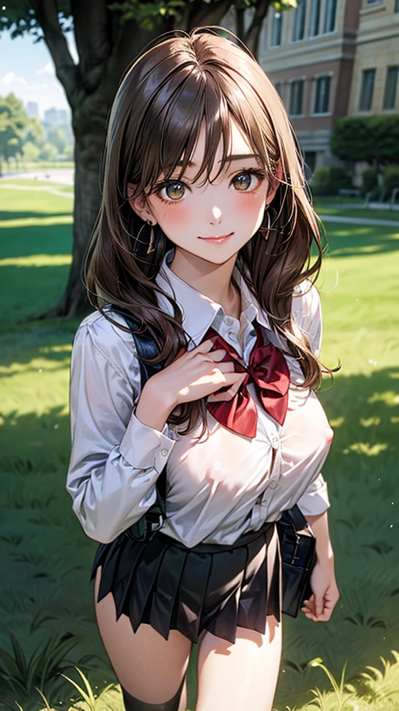 (masterpiece:1.2, top-quality), (realistic, photorealistic:1.4), beautiful illustration, (natural side lighting, movie lighting), 
looking at viewer, cowboy shot, front view:0.6, 1 girl, japanese, high school girl, perfect face, cute and symmetrical face, shiny skin, 
(long hair:1.8, straight hair:1.7, light brown hair), parted bangs, emerald green eyes, long eye lasher, (large breasts:0.9, thick thighs), 
beautiful hair, beautiful face, beautiful detailed eyes, beautiful clavicle, beautiful body, beautiful chest, beautiful thigh, beautiful legs, beautiful fingers, 
((, white collared shirts, black pleated mini skirt, black socks, brown loafers, red bow tie)), break, hoop ring earrings, pink panties, dark blue school bag, violet cardigan, break,
(beautiful scenery), evening, riverside, walking, hands on chest, (lovely smile, upper eyes), A masterpiece, top quality, highest definition, 32K, one big dog, one beautiful woman. Platinum blonde, In the grass of a meadow, a girl stands, slightly, legs open. A complete body. Complete hands and legs. Thin waist.

Her face, bright red, flush and shy.
You can see her nipples standing out, even through her shirt. Her breasts are so large that you can see them even through the top of her shirt. （The skirt is shorter than normal, but it is a very short mini-pleated skirt that almost reveals her panties.)The girl has brown hair.


(The skirt is extremely short.)