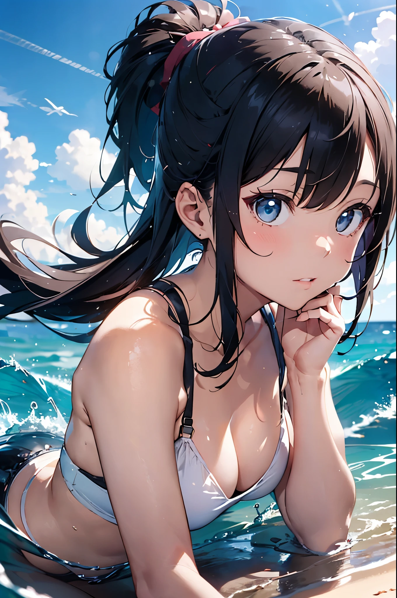 High resolution,topless、
One beautiful young woman,Light blue hair、ponytail、
(Soft Saturation:1.3), (Fair skin:1.2),
(ultra-Detailed Background, Detailed Background), Bokeh,
break&#39;Portrait of a smiling girl.,
When viewed from the front, The composition is symmetrical,
Looking straight at you with serious eyes,
break Swimwear, White Bikini, Center of chest, 
Outdoor, Sea surface, null, sunlight,Summer beach, Sandy Beach,
Strong light, Front lighting, 
(Teen:1.3), (Cowboy Shot:1.2),
Front brake angle,
View your audience,
Dynamic pose,
sitting on the beach

Seaweed、Seaweed、Seaweed、Seaweed、Seaweed、Seaweed、Seaweed、