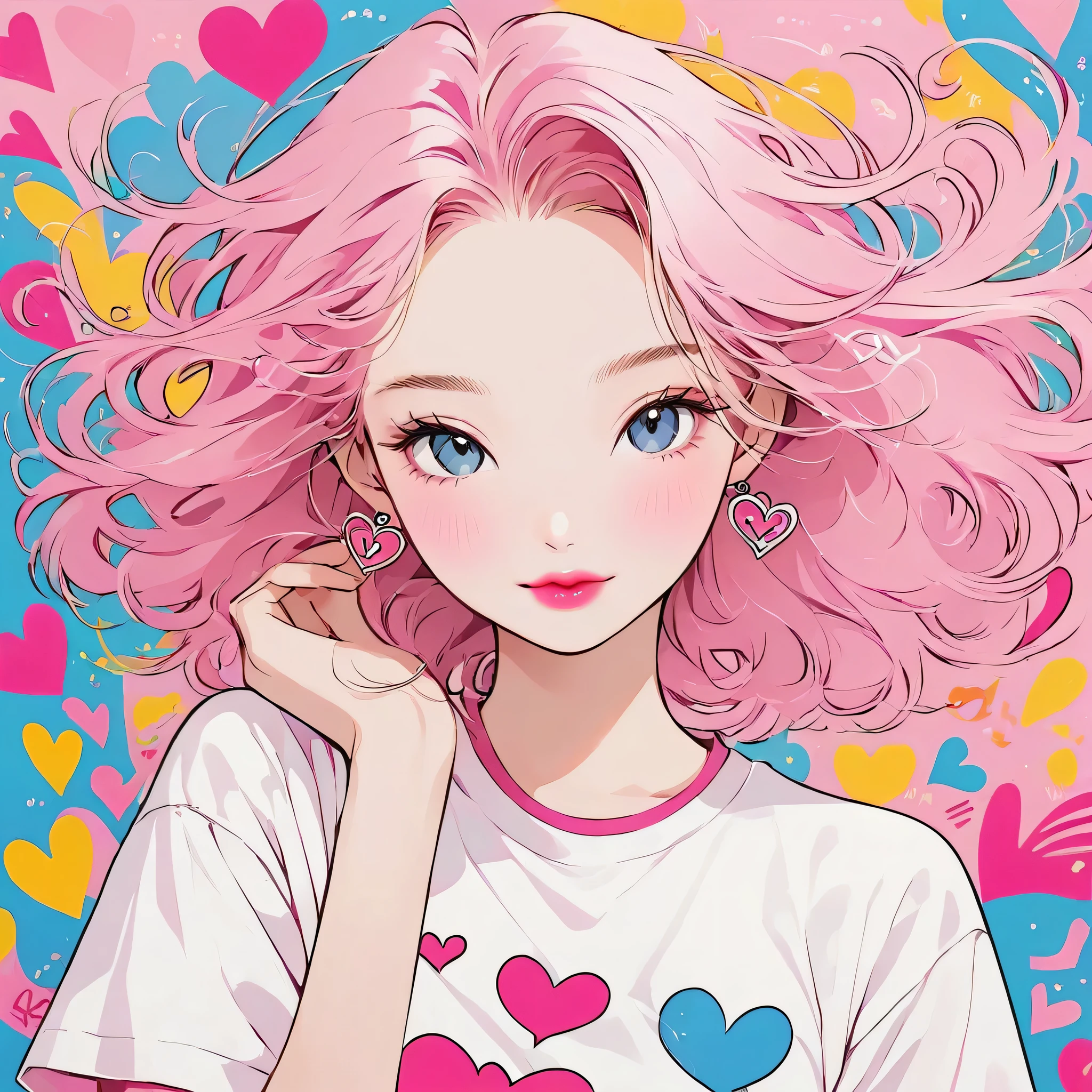 Keith Haring Pink and white style, Simple Line Initialism,Abstract art,(((The most beautiful girl of all time))), Sweet face. Lips in love, colorful hearts, stylish design, 夏のオシャレなTシャツ, 黒い瞳