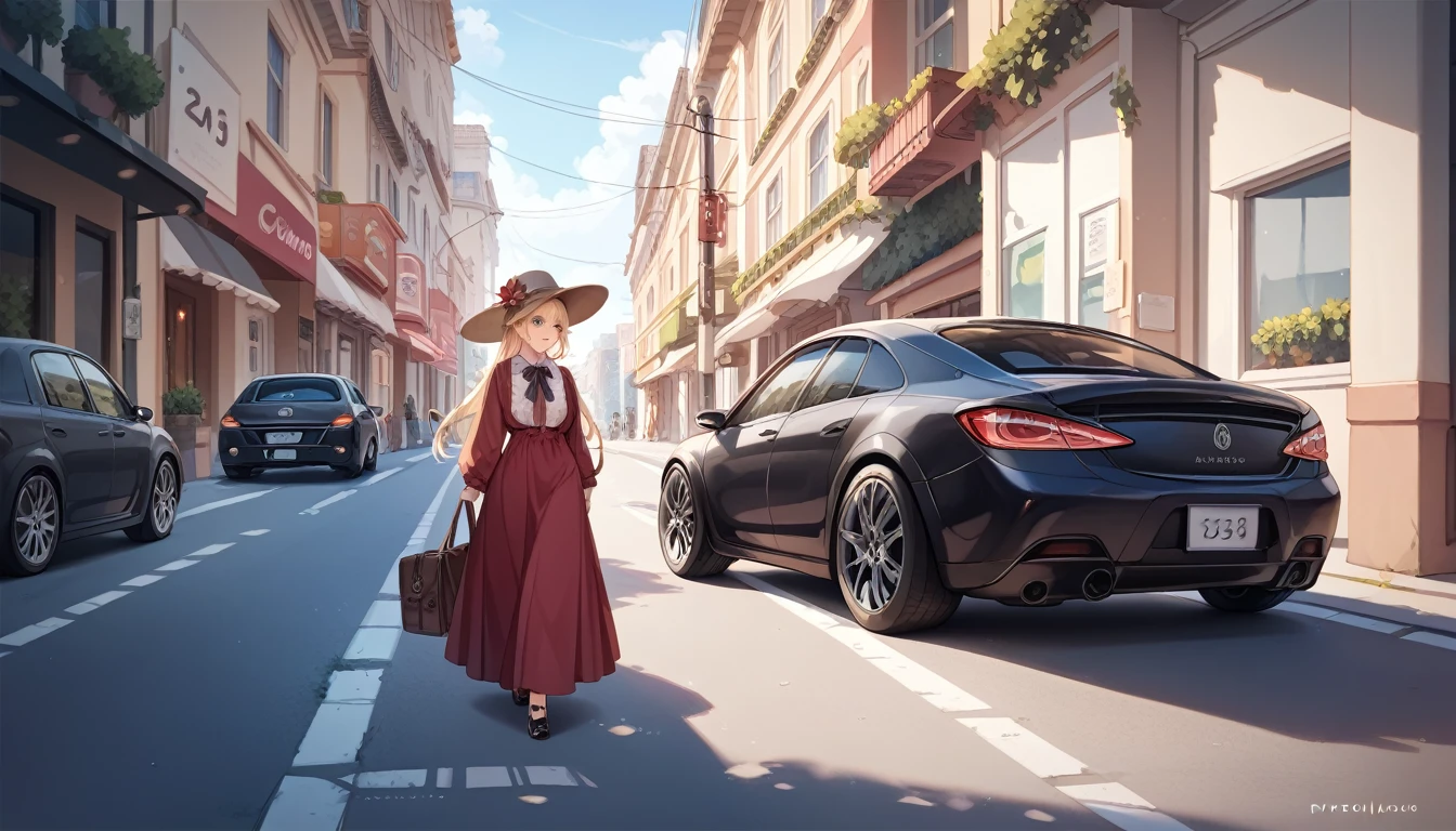 White,Blonde,semi-long,hat,black long dress ,Residential Street,Walking,A black car is coming up behind me