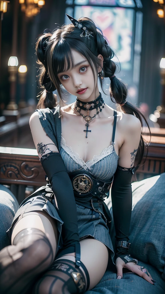 (smile showing teeth:1.3),(Shibuya gal:1.5)、(ta gothic punk rock :1.4 )、(Gothic fashion:1.4)、(neogothic:1.3)、(Fine-grained denim dress:1.4 )、(Dressing a detailed steampunk maid in denim and white.:1.5)、(lace collar and sleeves:1.1)、(denim knee high socks:1.3)、(dark fantasy cemetery background :1.4), (heart mark decoration:1.unrock fashion gloves:1.4)、(luxury hair ornament:1.4)、(heart brand belt)、(Denim High Heels)、(The underwear is striped.:1.4)、(24 years old)、((of the highest quality、8k、masterpiece:1.3))、Slim Abs Beauty:1.3、(Casual hairstyle、huge tits:1.1)、dress:1.1、super small face、narrow eyes、double eyelid、a careless smile、Full body esbian、Dynamic Angle、close up、Filtro CPL、blurred background、bokeh、blue hour、Detailed face and skin texture.、detailed eyes、,(twin tails:1.3)、(golden brown hair:1.3)、idol engraving、(The background is a magnificent ballroom.:1.3)、(make your legs slimmer:1.4)、(Skinny body:1.3)、(clavicle:1.1), (bright colors), ,( cyberpunk 2.1)