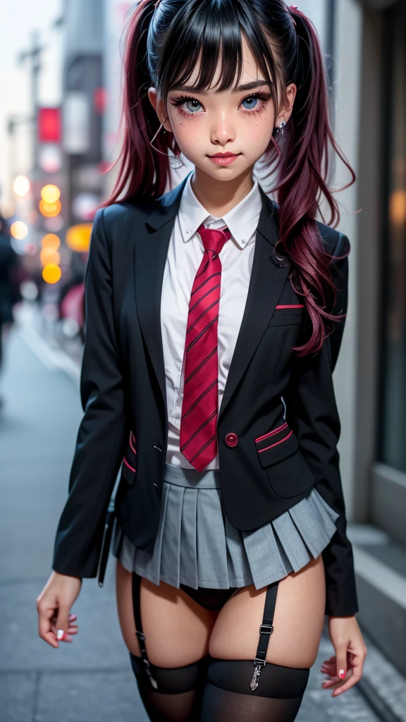 (masterpiece, top quality, best quality, official art, beautiful and aesthetic:1.2), extreme detailed, colorful, highest detailed ((ultra-detailed)), (high quality photo, 16k photo quality:1.4), ((an extremely delicate and beautiful)),(ultimate shiny skin, detailed skin, ultimate detailed face), beautiful detailed eyes, solo, outdoors,(shibuya \(tokyo\):1.3),many people, (sidewalk:1.3),standing, black hair, very long twintails, rabbit ears, blue eyes, (school uniform, schoolshirt, blazer, necktie, pleated skirt:1.5), school bag,(side tie panties,black thighhighs:1.4), grin,