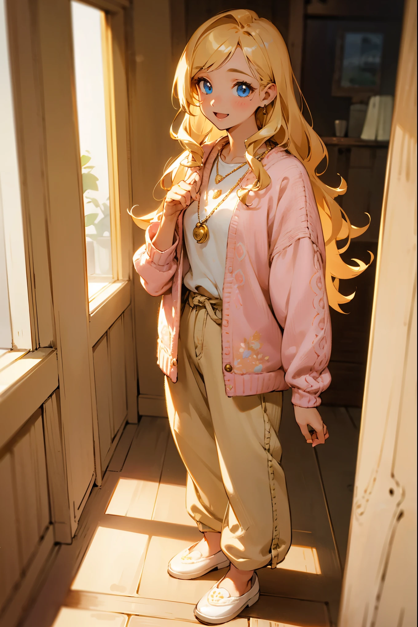 1female, golden blonde hair, styled in loose, natural waves, bright blue eyes, joyful expression, oversized pastel pink cardigan with delicate floral embroidery, baggy cream-colored trousers, cozy tan moccasins, a dainty gold necklace with a small charm, charming café background with warm lighting and rustic decor, detailed face, hands to side, standing on path