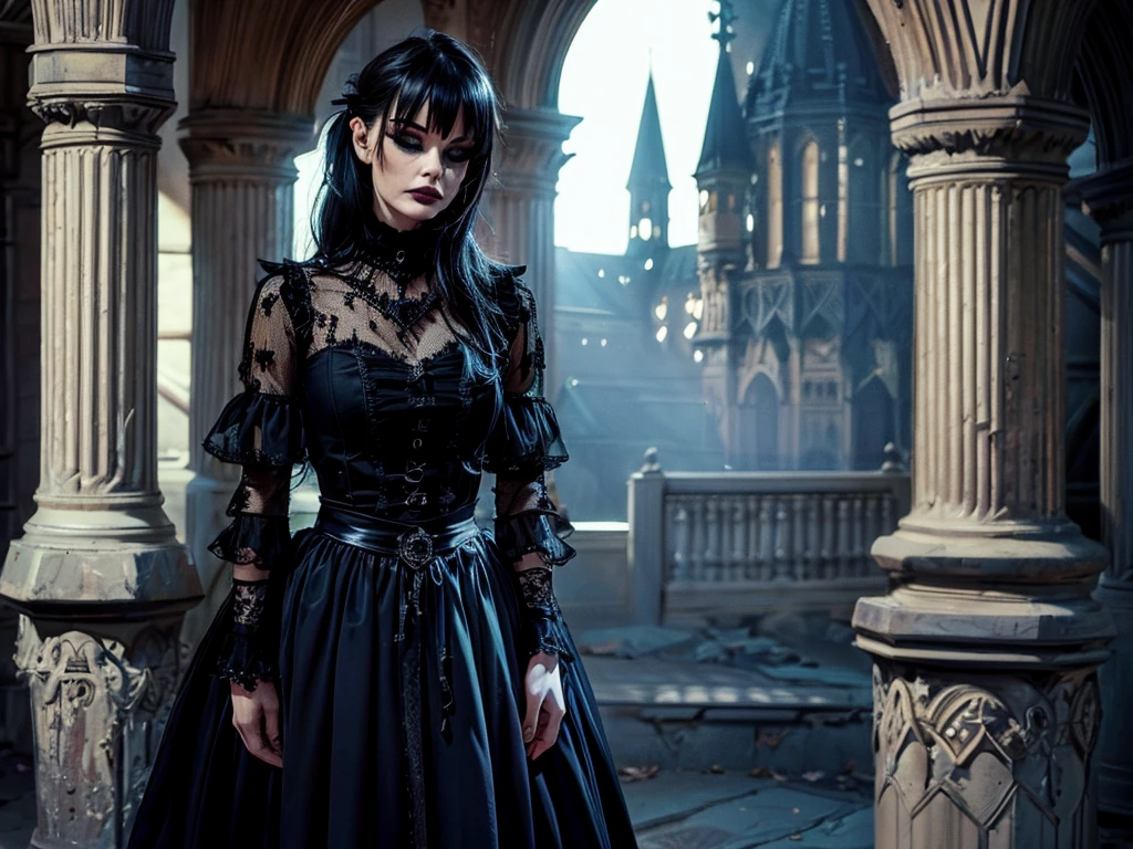 Gothic aesthetics, Dark and mysterious atmosphere, Intricate details, Detailed architecture, Beautiful and memorable characters, Dramatic lighting, Gothic Fashion, Gothic elements, Black and white color scheme, Gloomy atmosphere, Spooky atmosphere, Vintage Style, Complex Pattern, cathedral, Gothic Arch, Moonlit Sky, Cobblestone Street, Glamorous decoration, Elaborate stained glass windows, Towering spire, Ghostly figures, Candle-lit hallway, Foggy atmosphere, ancient ruins, Medieval castle, Mystical Creatures, Eerie silence, Heavenly Beauty, Gloomy tones, depressing mood, twisted trees, Hidden Secrets, Creepy art, Influence of the Victorian era, Creepy music. 

(Highest quality,4K,8k,High resolution,masterpiece:1.2),Very detailed,(Realistic,photoRealistic,photo-Realistic:1.37), High resolution, 超High resolution, Studio Lighting, Very detailed説明, Professional, Vibrant colors