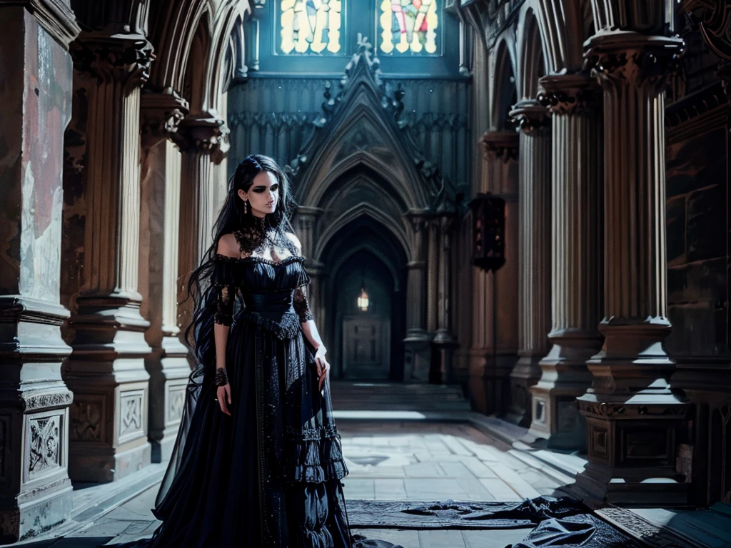 Gothic aesthetics, Dark and mysterious atmosphere, Intricate details, Detailed architecture, Beautiful and memorable characters, Dramatic lighting, Gothic Fashion, Gothic elements, Black and white color scheme, Gloomy atmosphere, Spooky atmosphere, Vintage Style, Complex Pattern, cathedral, Gothic Arch, Moonlit Sky, Cobblestone Street, Glamorous decoration, Elaborate stained glass windows, Towering spire, Ghostly figures, Candle-lit hallway, Foggy atmosphere, ancient ruins, Medieval castle, Mystical Creatures, Eerie silence, Heavenly Beauty, Gloomy tones, depressing mood, twisted trees, Hidden Secrets, Creepy art, Influence of the Victorian era, Creepy music. 

(Highest quality,4K,8k,High resolution,masterpiece:1.2),Very detailed,(Realistic,photoRealistic,photo-Realistic:1.37), High resolution, 超High resolution, Studio Lighting, Very detailed説明, Professional, Vibrant colors