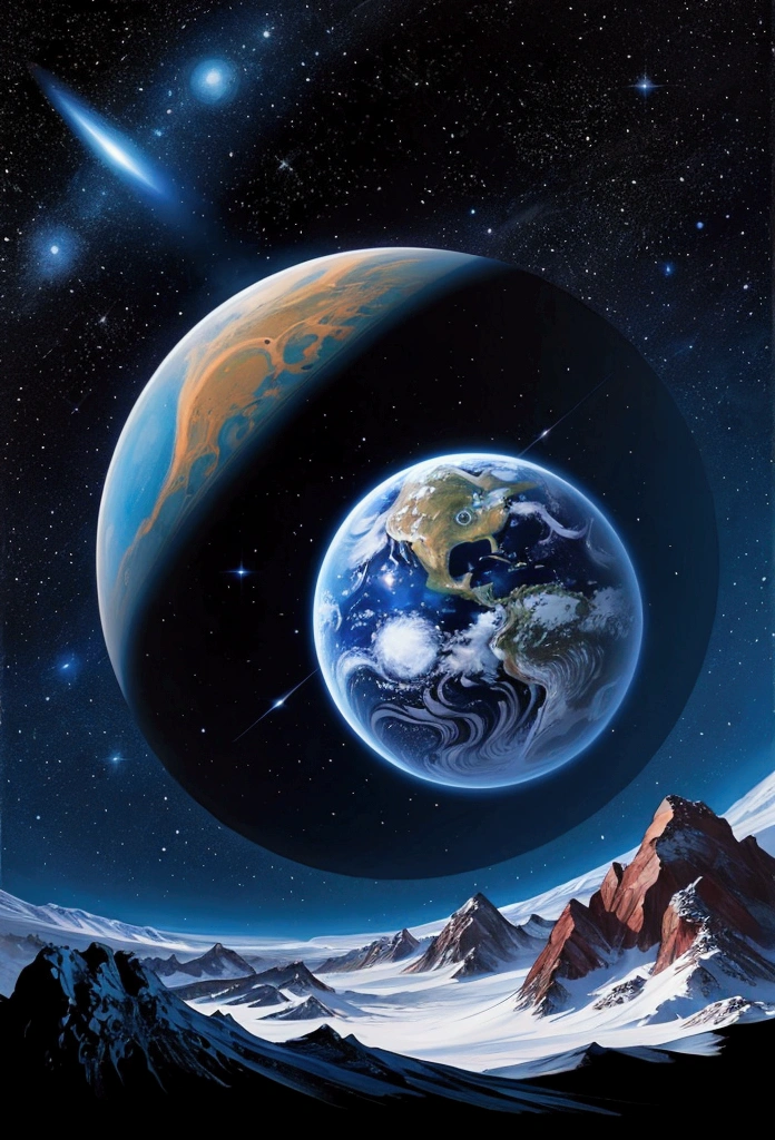 Other planets are faintly visible behind the blue sky