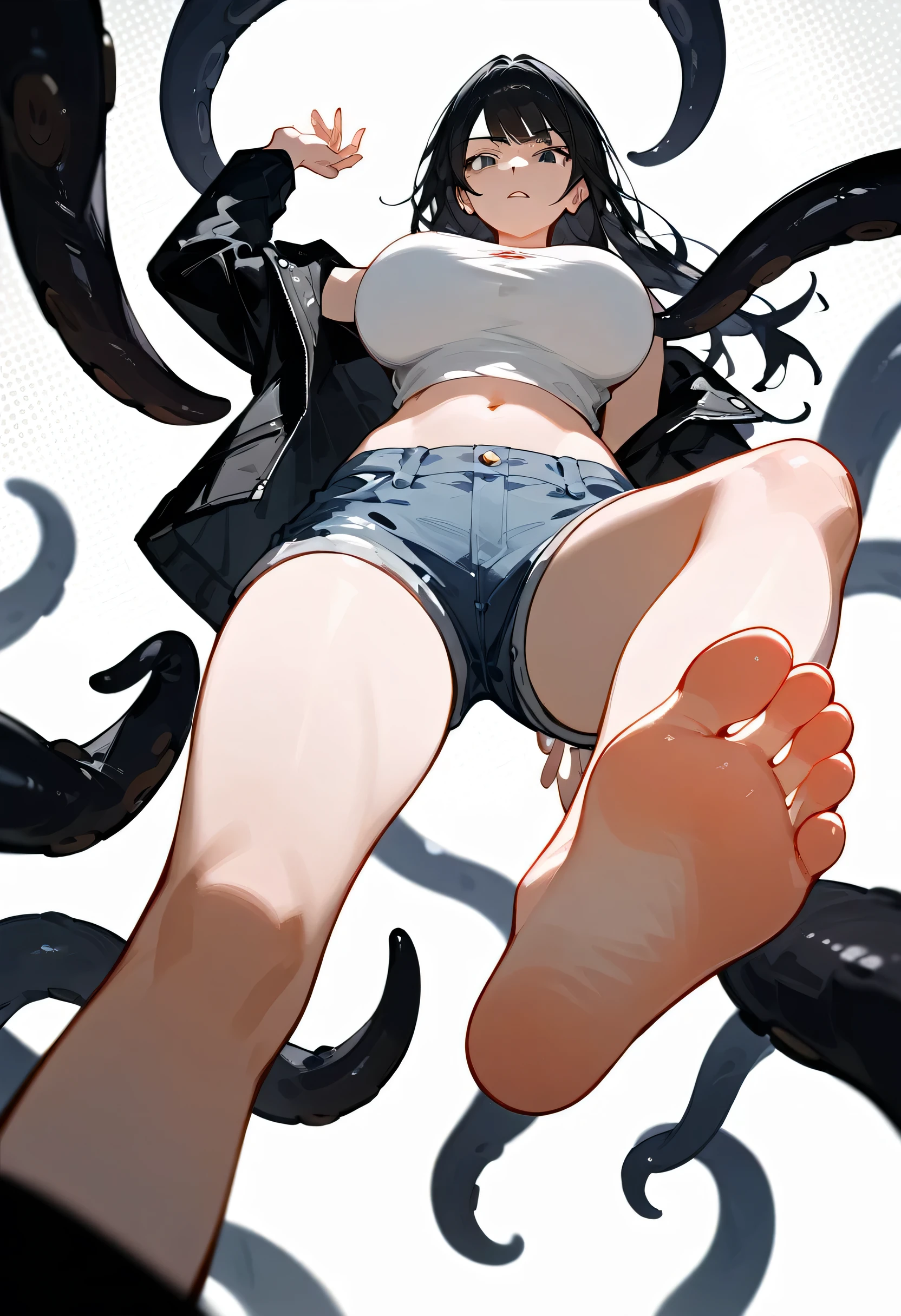 wallpaper，1 woman showing her feet Low Angle，Low Angle，barefoot，suns，Foot Focus，White belly button tank top，Mature，Wearing a black jacket，bangs, Long hair，Black Hair，齐bangs, Denim shorts，Anatomically correct, Big breasts(g)，Eyes on the audience，Contempt，Many tentacle-like black tails