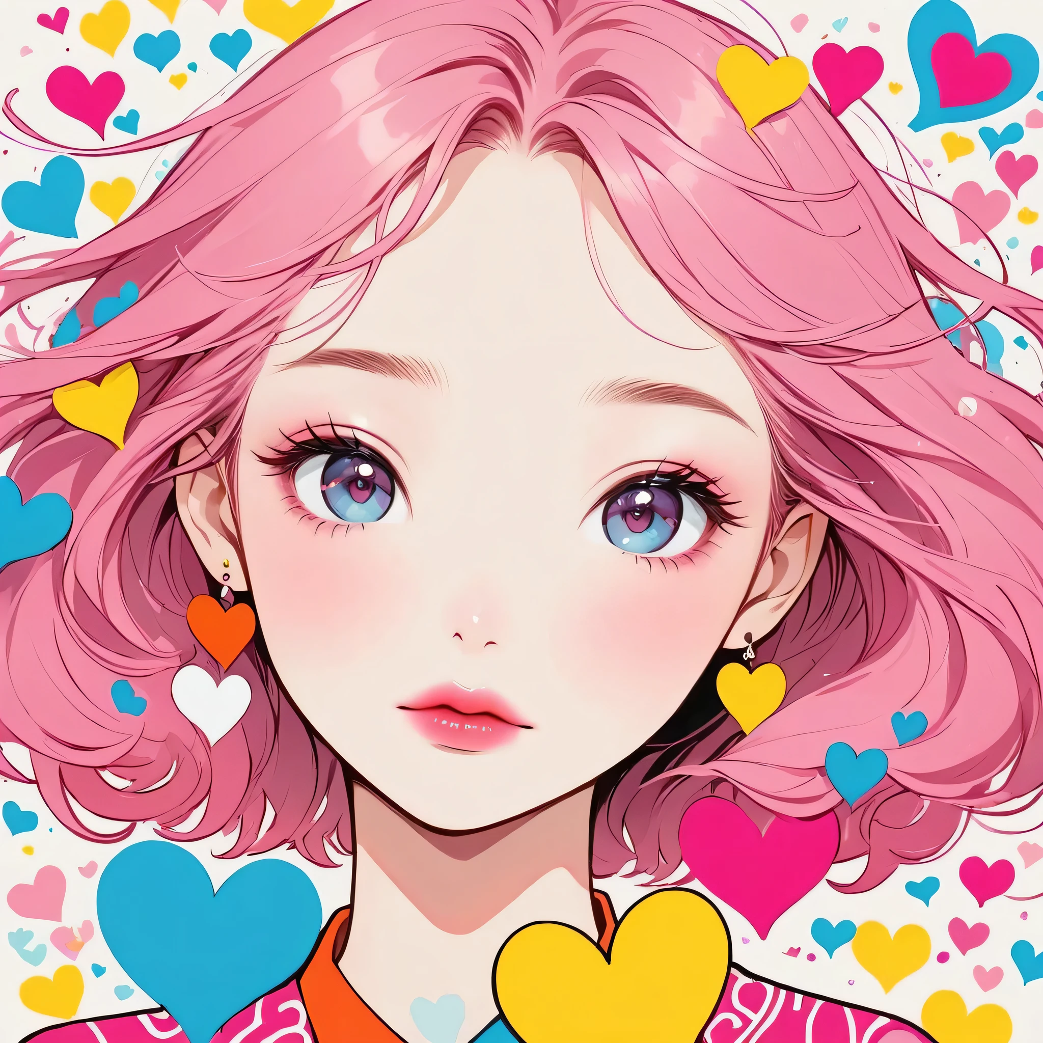 Keith Haring Pink and white style, Simple Line Initialism,Abstract art,(((The most beautiful girl of all time))), Sweet face. Lips in love, colorful hearts, 黒い瞳