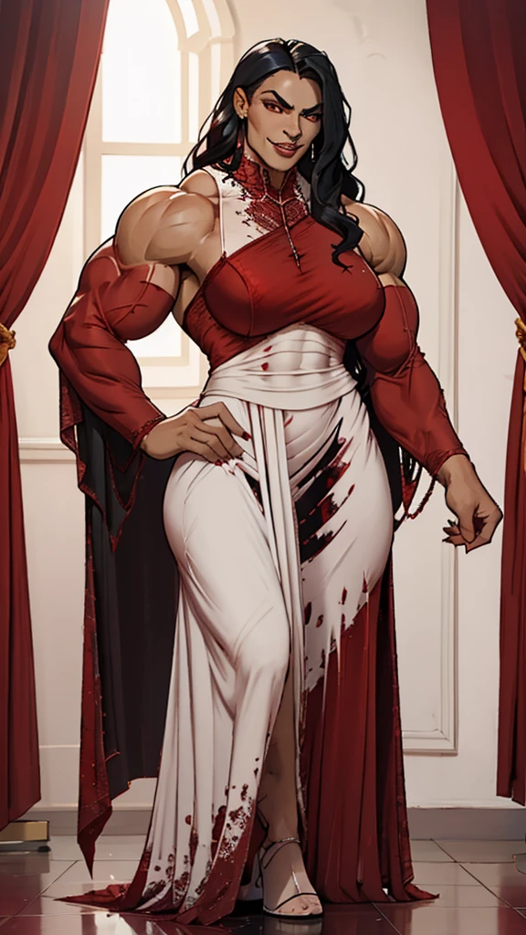 attractive vampire woman, large sharp vampiric fangs, very long curly raven-black hair, long elegant dress, strong well defined muscle, lean powerful bodybuilder physique, perfect and flawless musculature, great muscle definition, perfect muscular body