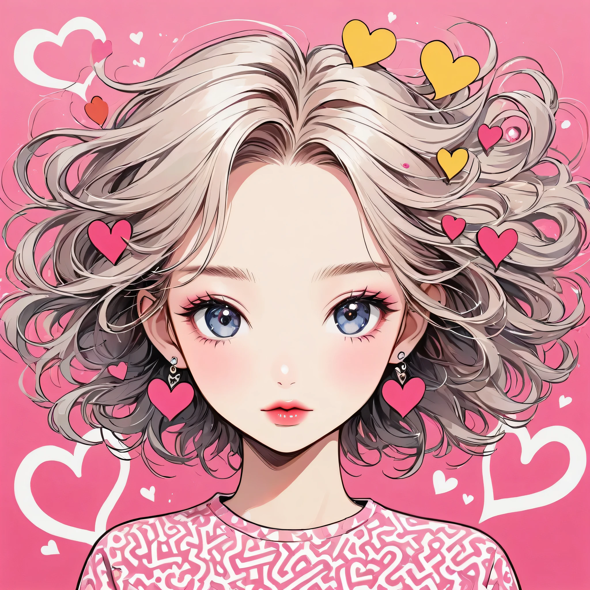 Keith Haring Pink and white style, Simple Line Initialism,Abstract art,(((The most beautiful girl of all time))), Sweet face. Lips in love, colorful hearts, 黒い瞳