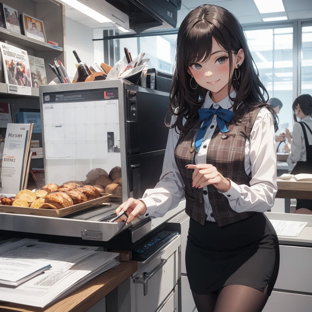 (Best Quality, Masterpiece),Wearing a pink plaid vest, White short sleeved shirt, Gray pencil skirt, Wear stiletto heels, Necklace, earrings, Cute face, Smile, Blushing, Shyness, Glass wall, Ultra Detail, Realistic, Front view, Whole body, stunning, cute, warm smile, hourglass figure, apron, text, chart, advertising, magazine title(Best Quality, Masterpiece), Mag((((1ladyl,)))) (masterpiece), (realistic), (best quality), (ultra-detailed), (wearing in [[white and gray check pattern]] Vest worn over white collared long-sleeved shirt:1.4), (gray vest with buttons:1.2), (Pink Theme:1.2), (blue ribbon ribbon:1.3), (Black theme:1.4), (Tight black pencil skirt:1.5), ((Brown pantyhose)), (high-heels:1.1),longskirt,office desk, office chair,Lulubre Unity 8K Wallpaper, pantyshot, long brown hair, office lady Magazine Cover, 1girl,  amazing, girl, 30 years old, house wiife, warm smile, hourglass figure, text, chart, advertising, magazine title