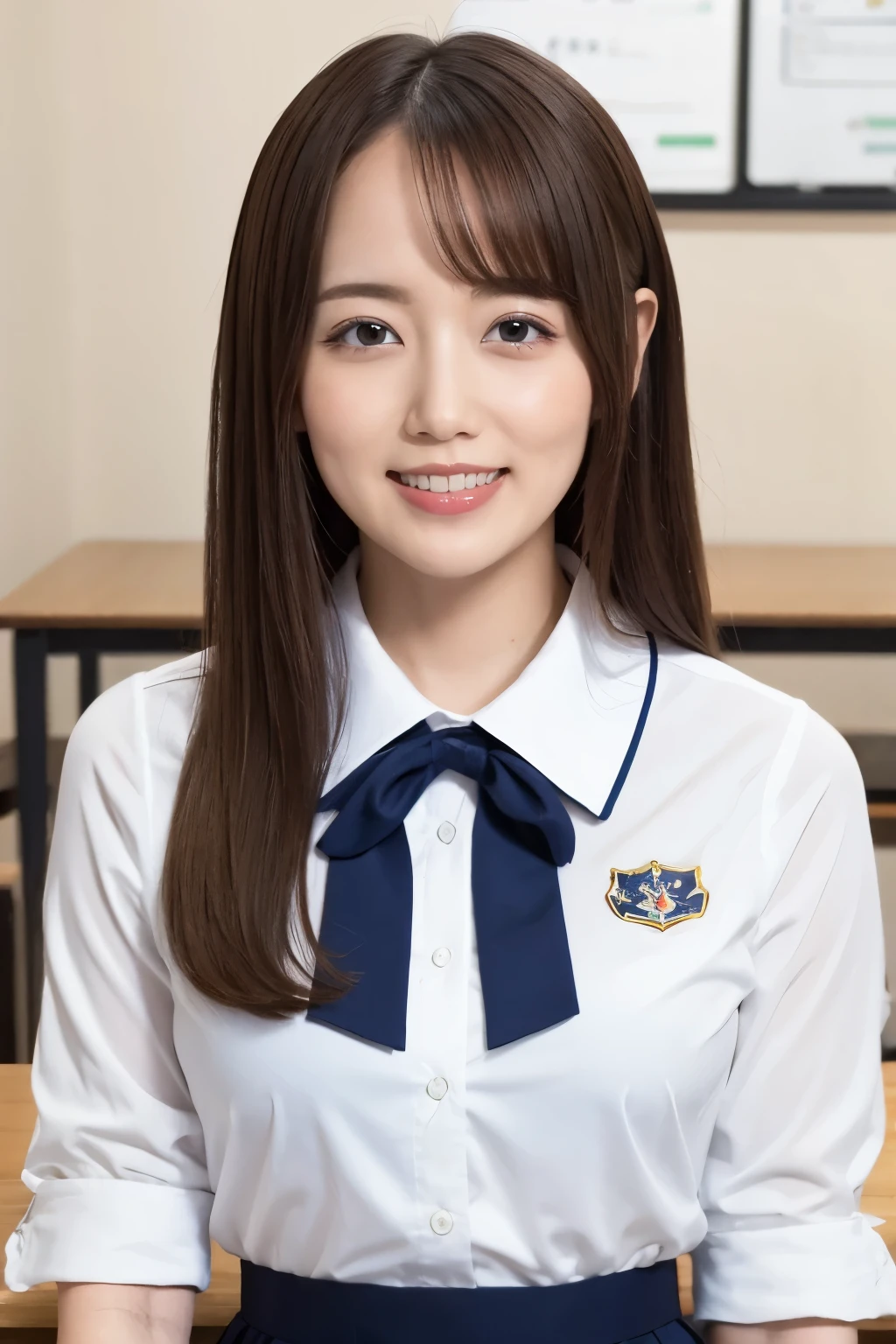 (Highest quality、Tabletop、8k、Best image quality、Award-winning works)、Cute school girl、(White polyester collared shirt:1.1)、(Navy Pleated Skirt:1.1)、Girl portrait photography、Glowing Skin、Standing Elegantly、(Perfect blurred school classroom background:1.1)、smile、Smiling with beautiful teeth、(Close-up of face:1.1)、Misaki Kanna